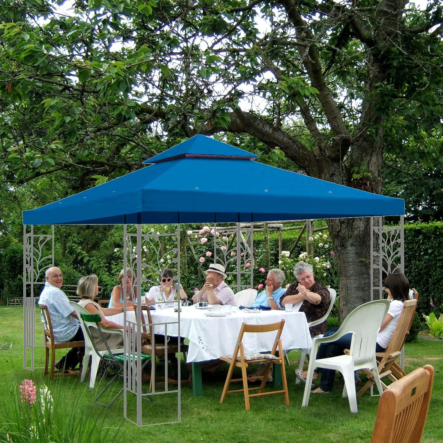 Pavillon Ersatzdach 3x3M Wasserdicht, UV-beständig, Doppellagig mit Belüftung, 12 Fest Integrierten Klettbändern, Hochdichtes Polyesterdach für Gartenpavillon, Grillpavillon oder Partyzelt (Blau)