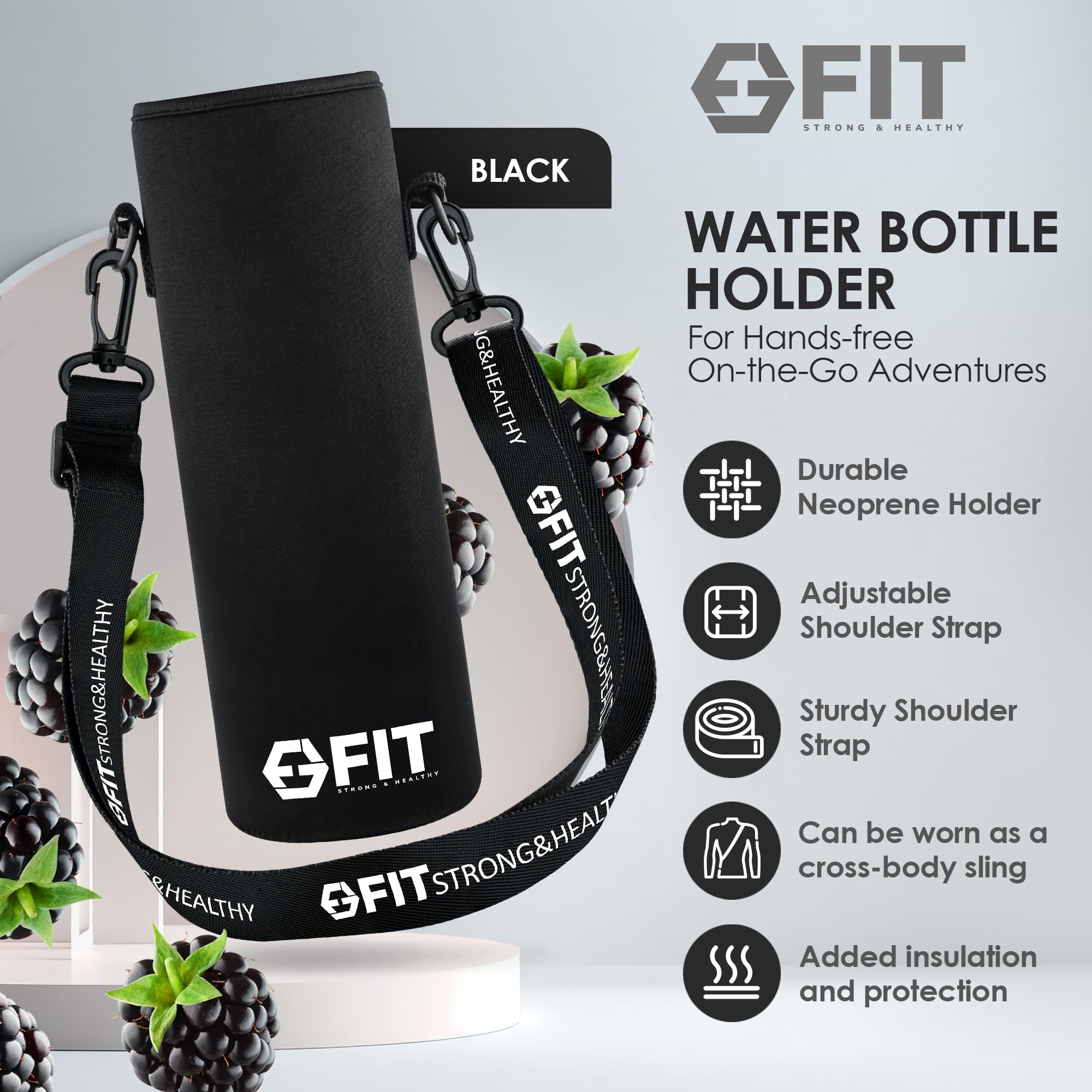 FIT Strong & Healthy Szklana butelka na wodę, przypomnienie o pojemności 950 ml – dodatkowa pokrywka, wielokrotnego użytku, szeroki otwór, przypomnienie o nawodnieniu, 1 litr szklana butelka na napoje, izolowana (czarny rękaw + pojemnik)