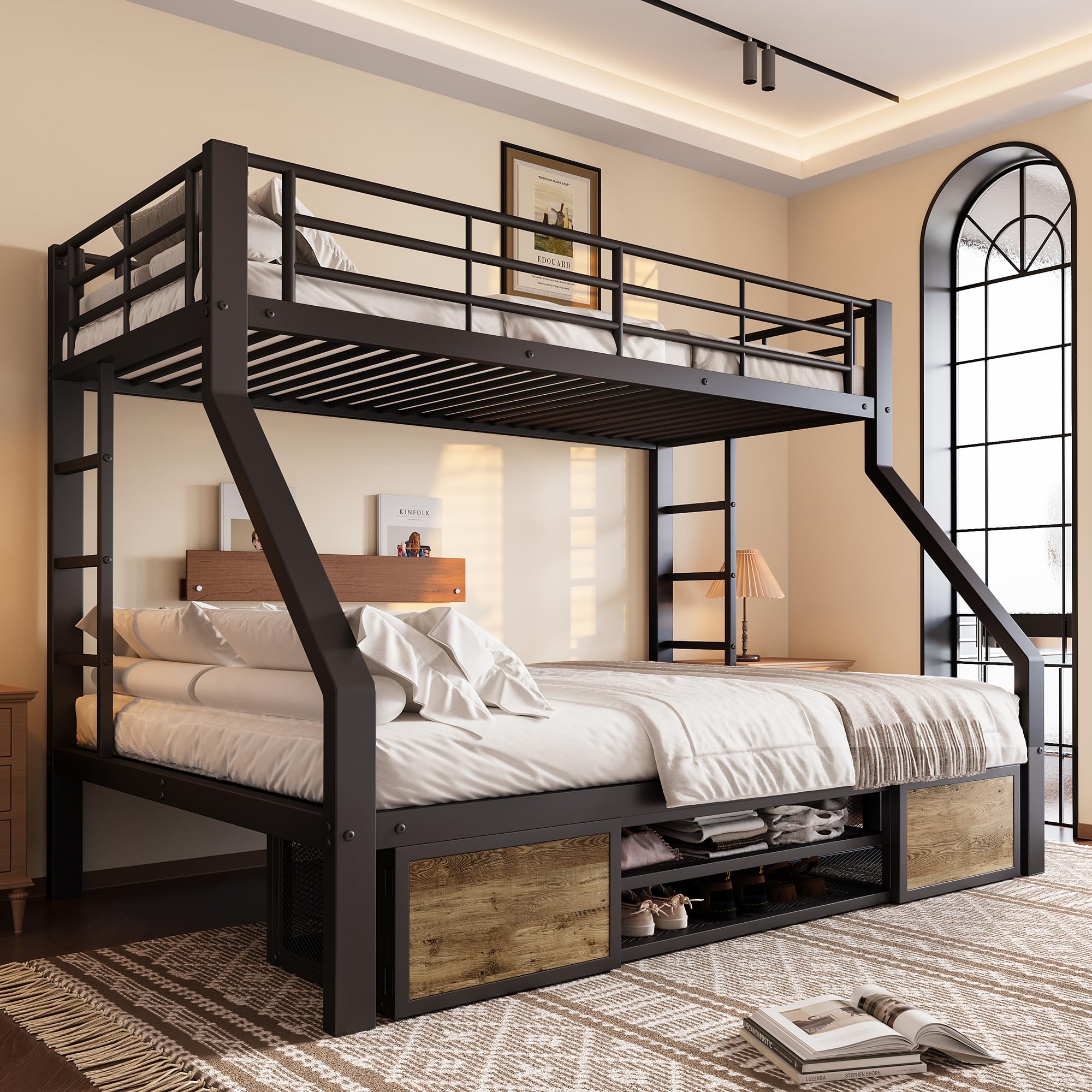 Cama apilable 90 x 200 cm+140 x 200 cm, cama infantil, con zapatero, compartimentos de almacenamiento, barandillas de seguridad, escalera, certificada EN747, sin colchón (Negro)