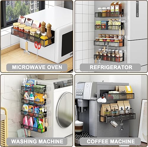 Miniatura 7 de Estante magnético para especias para refrigerador, paquete de 6 estantes magnéticos, organizador magnético para refrigerador con 12 ganchos móviles,