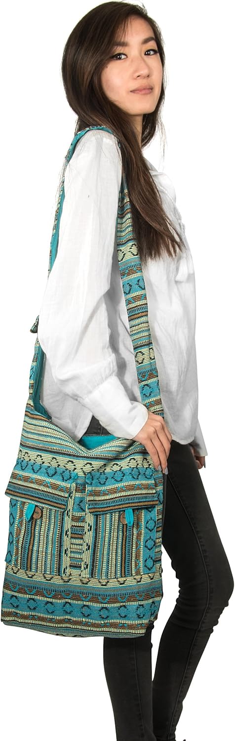 Tribe Azure Blue Aztec Canvas Large Hobo Cross body Shoulder Sling Slouch Casual Shopping Market Bag - Image 4