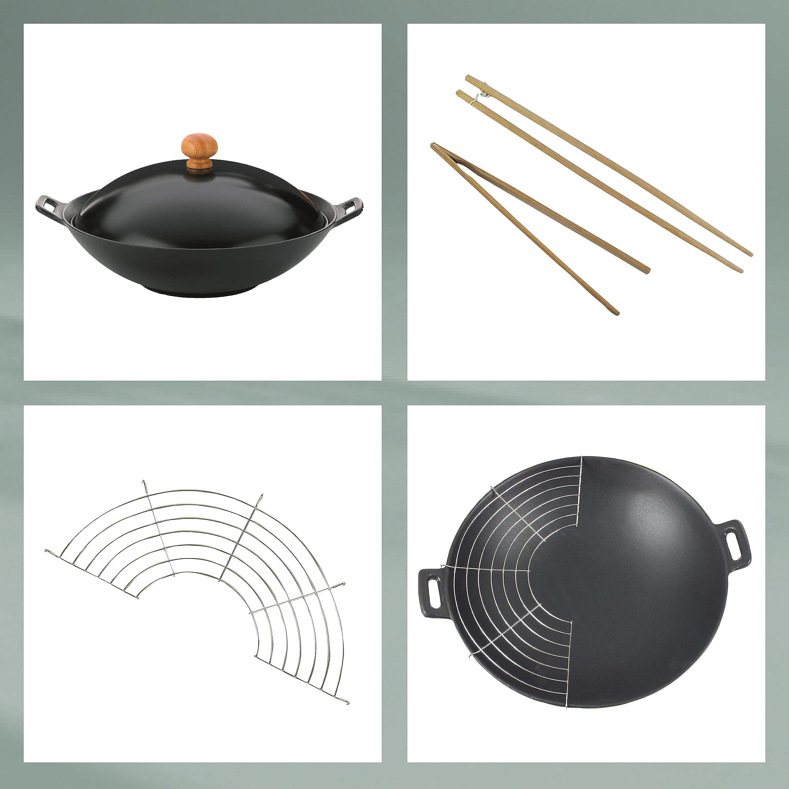 kela Gusseisen Wokpfanne mit Deckel 36 cm ASIA, Wokset mit Dünstrost, Stäbchen, Holzzange, 4,5L Wokpfanne Induktion