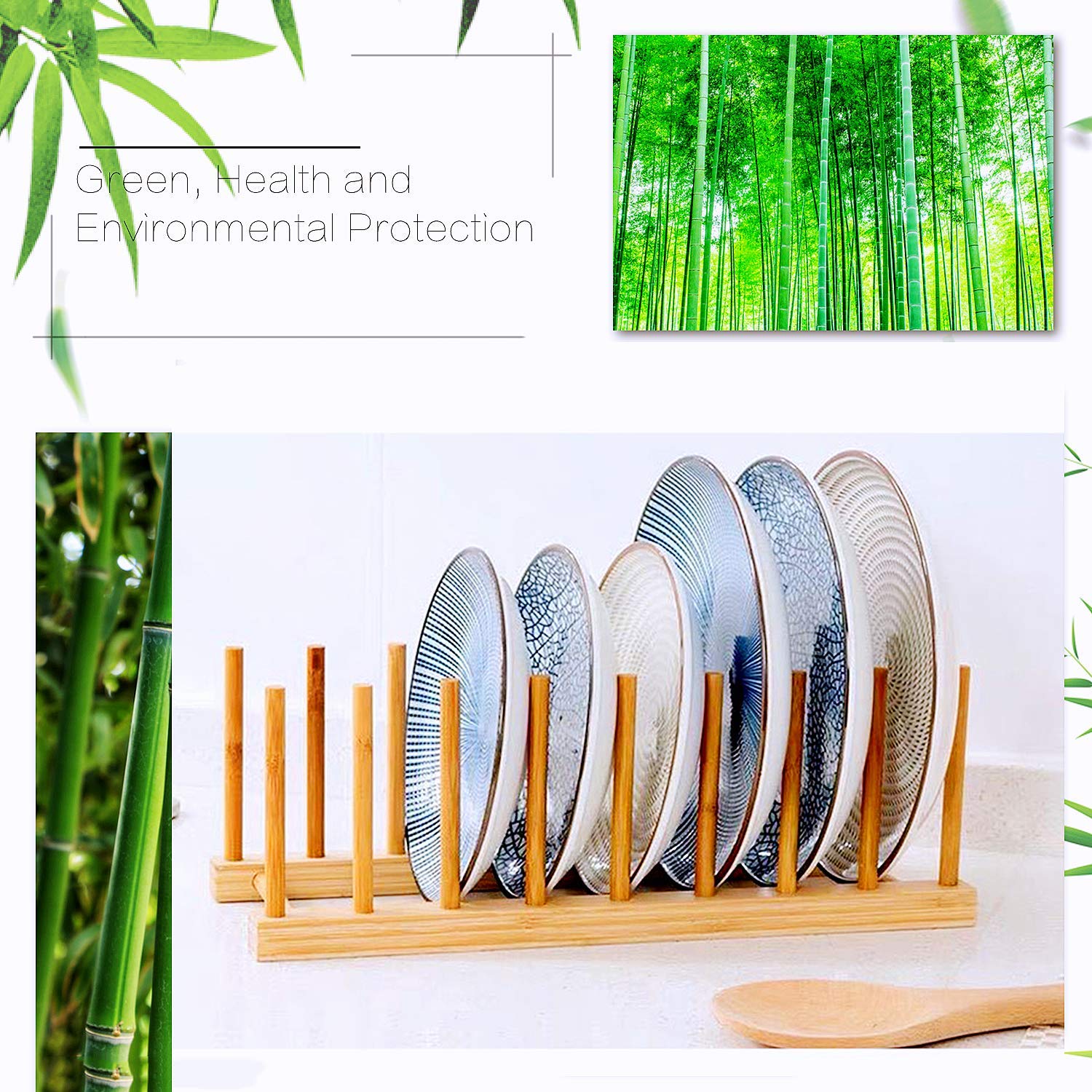 Lot De 2 Supports à Assiettes En Bambou Naturel – Organisateur De Cuisine 4 Emplacements Pour Assiettes, Couvercles, Planches & Tasses