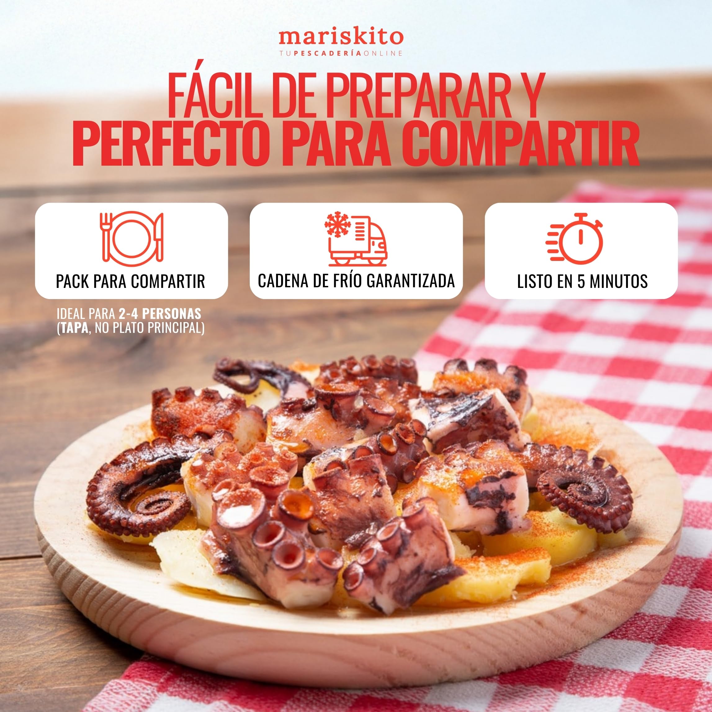 MARISKITO | Pack La Mar de Pulpeiros – Pulpo a la Gallega Cocido - Plato de Madera para Servir Tapa – Aceite Oliva Virgen Extra y Sal Escamas con Pimentón de la Vera Gourmet - Cocinar Receta en 5 min