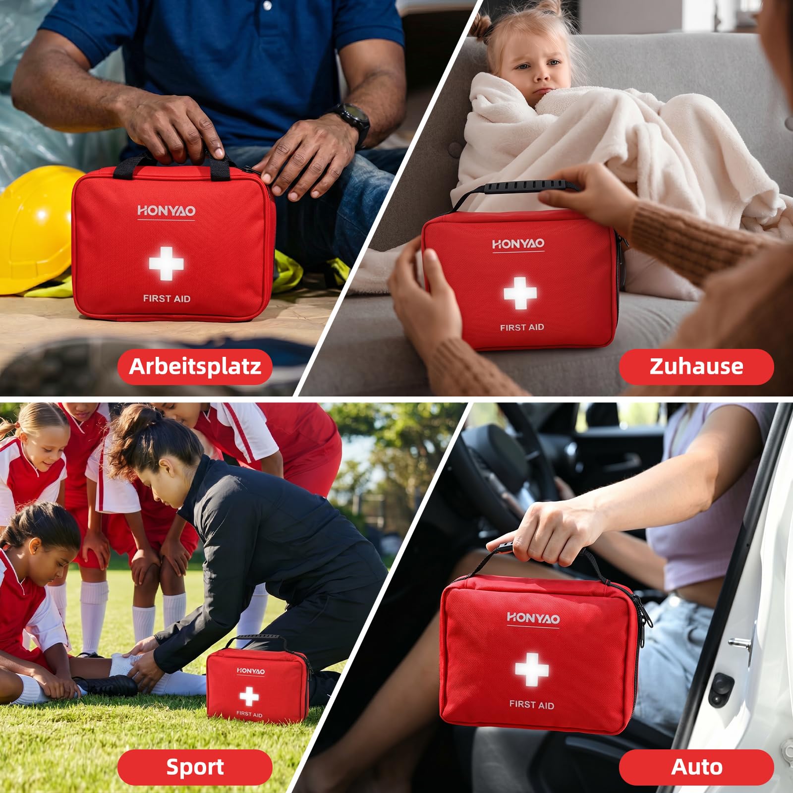 HONYAO Erste Hilfe Set 222 Teile, Komplettes Erste Hilfe Tasche für Zuhause Arbeitsplatz Kinder Outdoor Reise Camping Wandern, Sport First Aid Kit, Rot