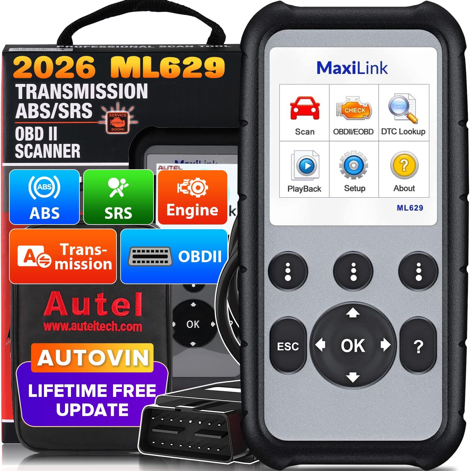 - 2026 New Autel ML629 OBD2 Scanner, ABS SRS Engine Transmission Diagnostic Scan Tool, Mechanic Full OBDII Code Reader w/DTC Lookup AutoVIN, Live Data, Up of AL619 AL629 for Professionals DIYers