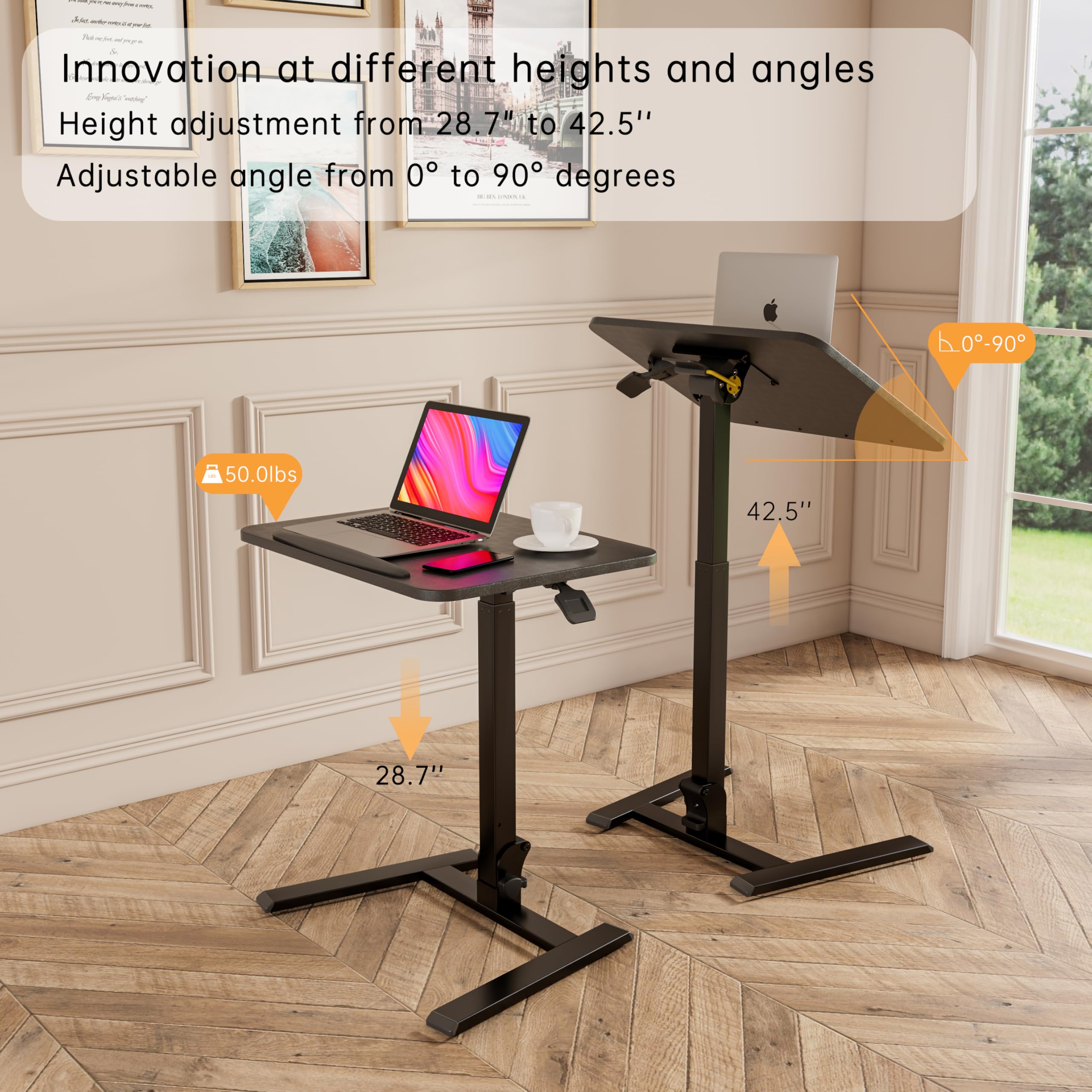 25 Inch Mobile Folding Desk - No Assembly Pneumatic Sit-Stand Desk 29-42 Height Adjustable Rolling Laptop Desk with — view 8