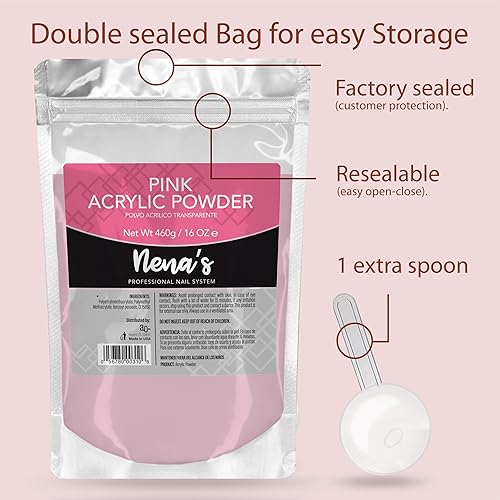 Miniatura 9 de Nena's Monómero líquido acrílico de 16 onzas + polvo acrílico transparente de 16 onzas, fabricado en Estados Unidos, rosa transparente (transparente)
