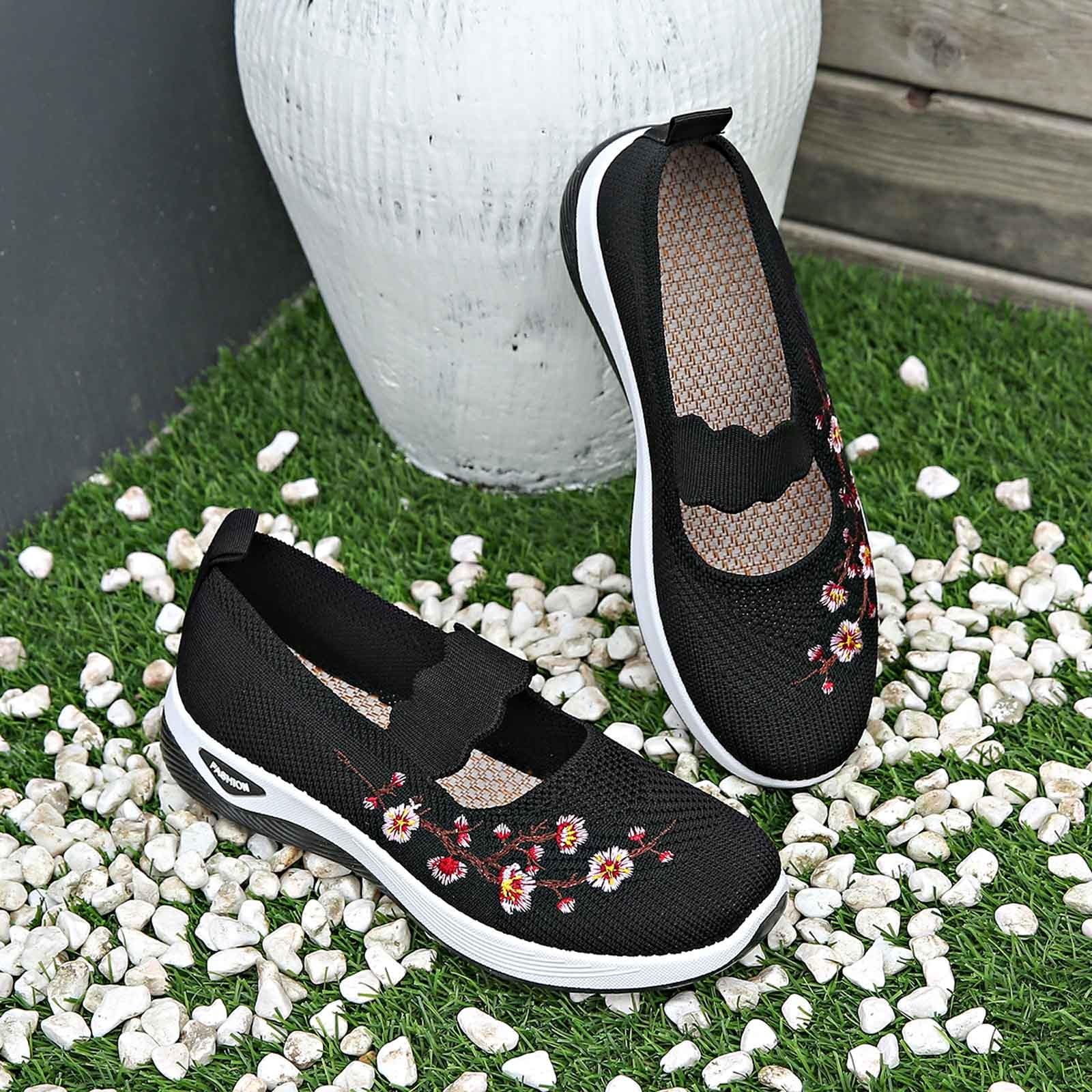 Famzuneu Orthopädische Schuhe Damen Marlene Sneaker mit Stickerei Diabetiker Sommerschuhe Leicht Krankenschwester Turnschuhe Atmungsaktive Mesh Bequeme Schlupfschuhe