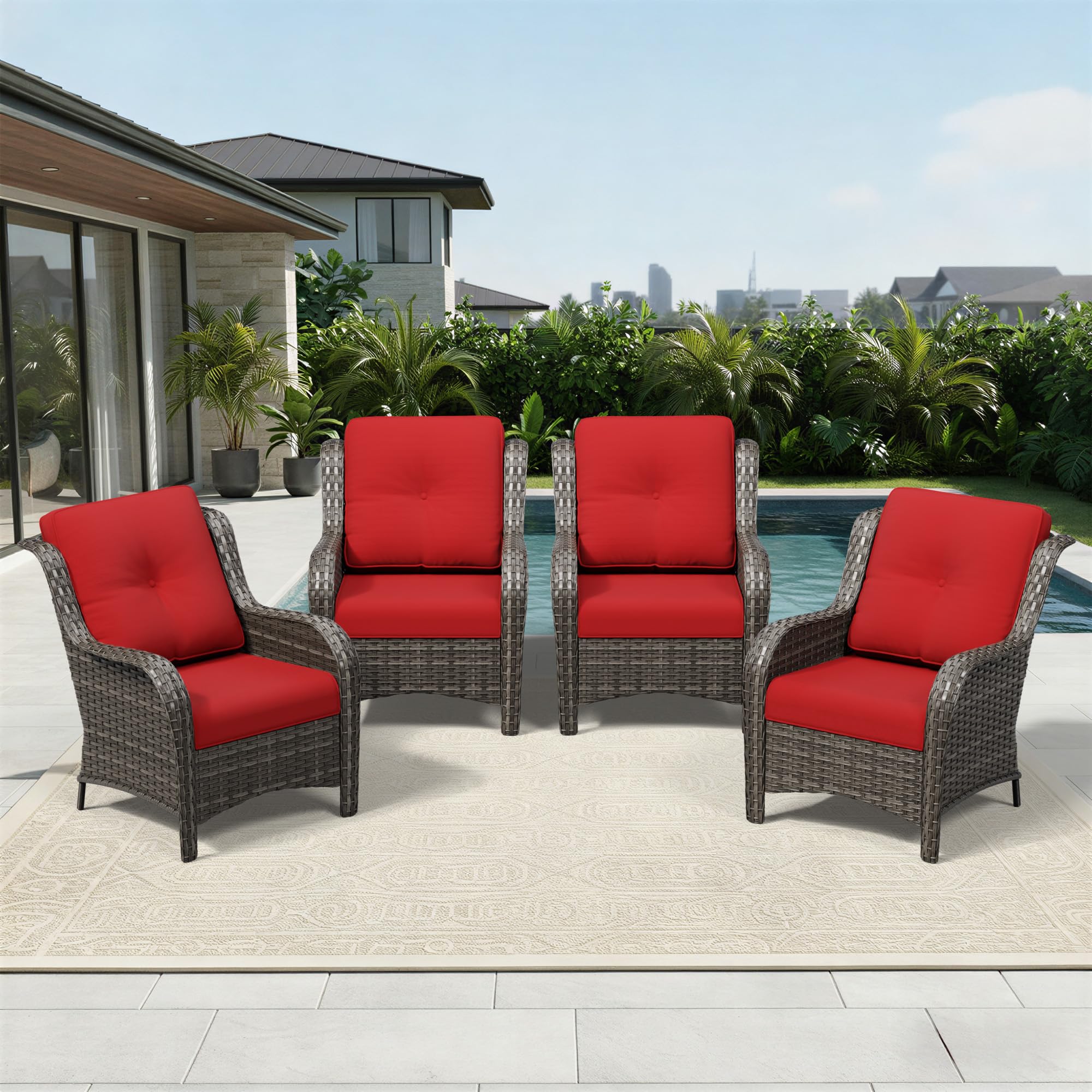 Joyside 4 Piece Wicker Patio Furniture Set, Rattan Patio Chairs with High Back, Deep Seating, Wide Armrest, Thickened Cushions, Outdoor Furniture for Deck, Porch Use