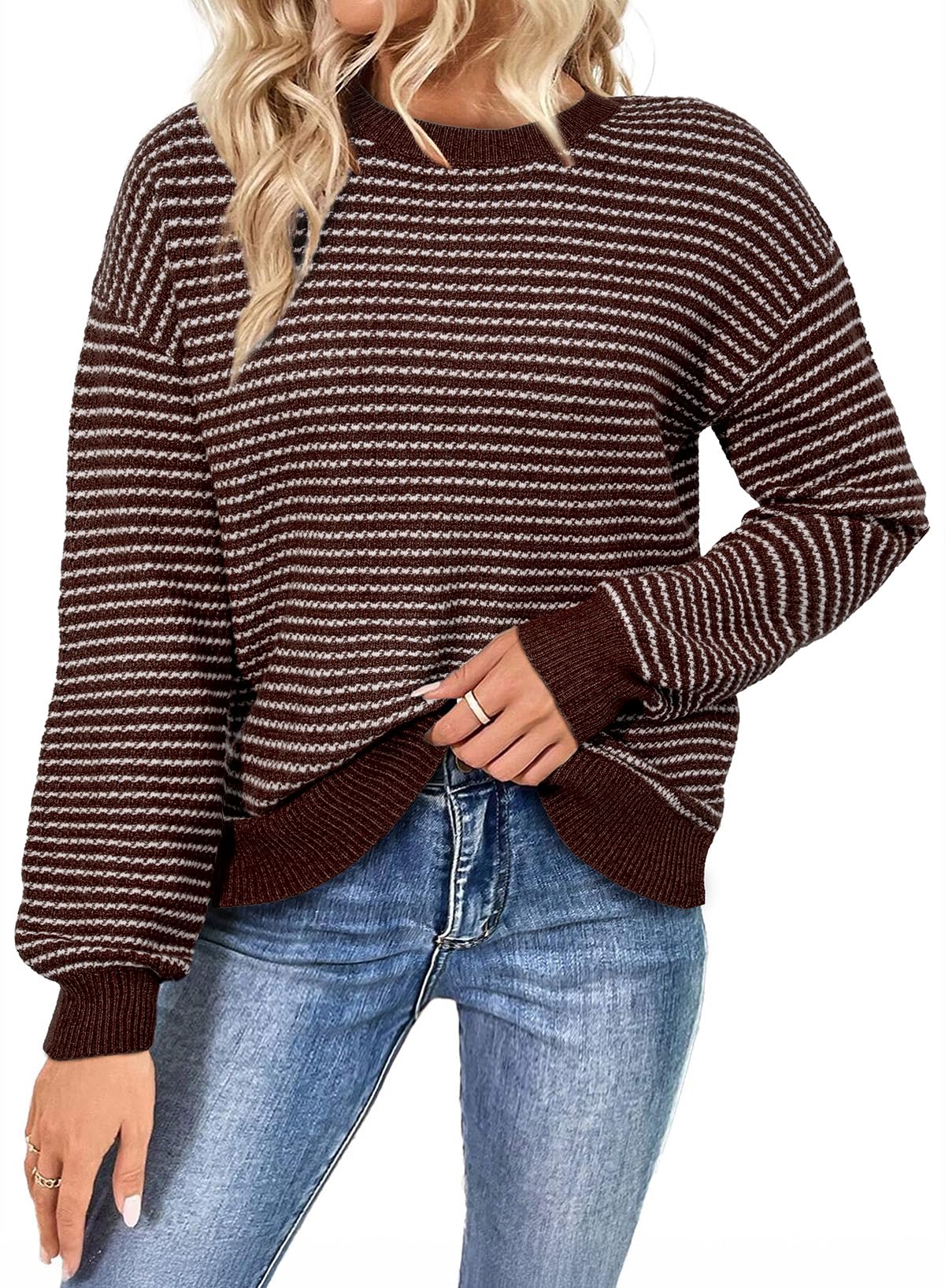 SHEWIN Womens Long Sleeve Crewneck Sweaters Casual Knit Striped Side Split Pullover Sweater Tops