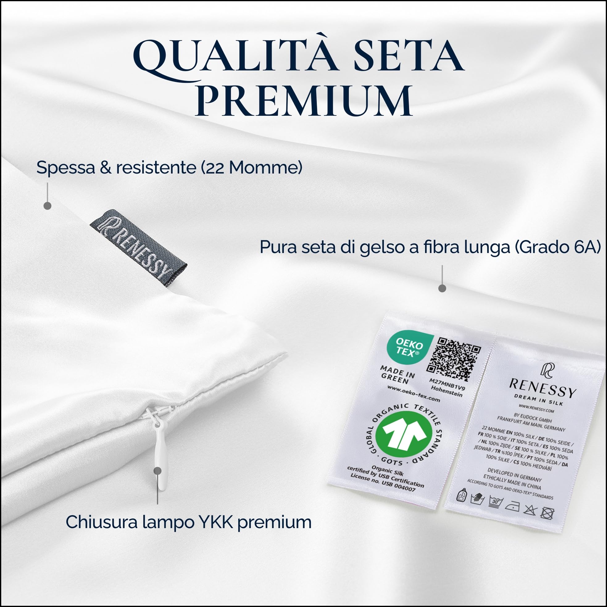 Federa in Seta 100% Bio 50x75 cm - 22 Momme Seta di Gelso, Grado 6A, Certificata Oeko-Tex in Germania - Lusso per i Capelli e la Pelle, 1 Pezzo (Blu Nuvola)