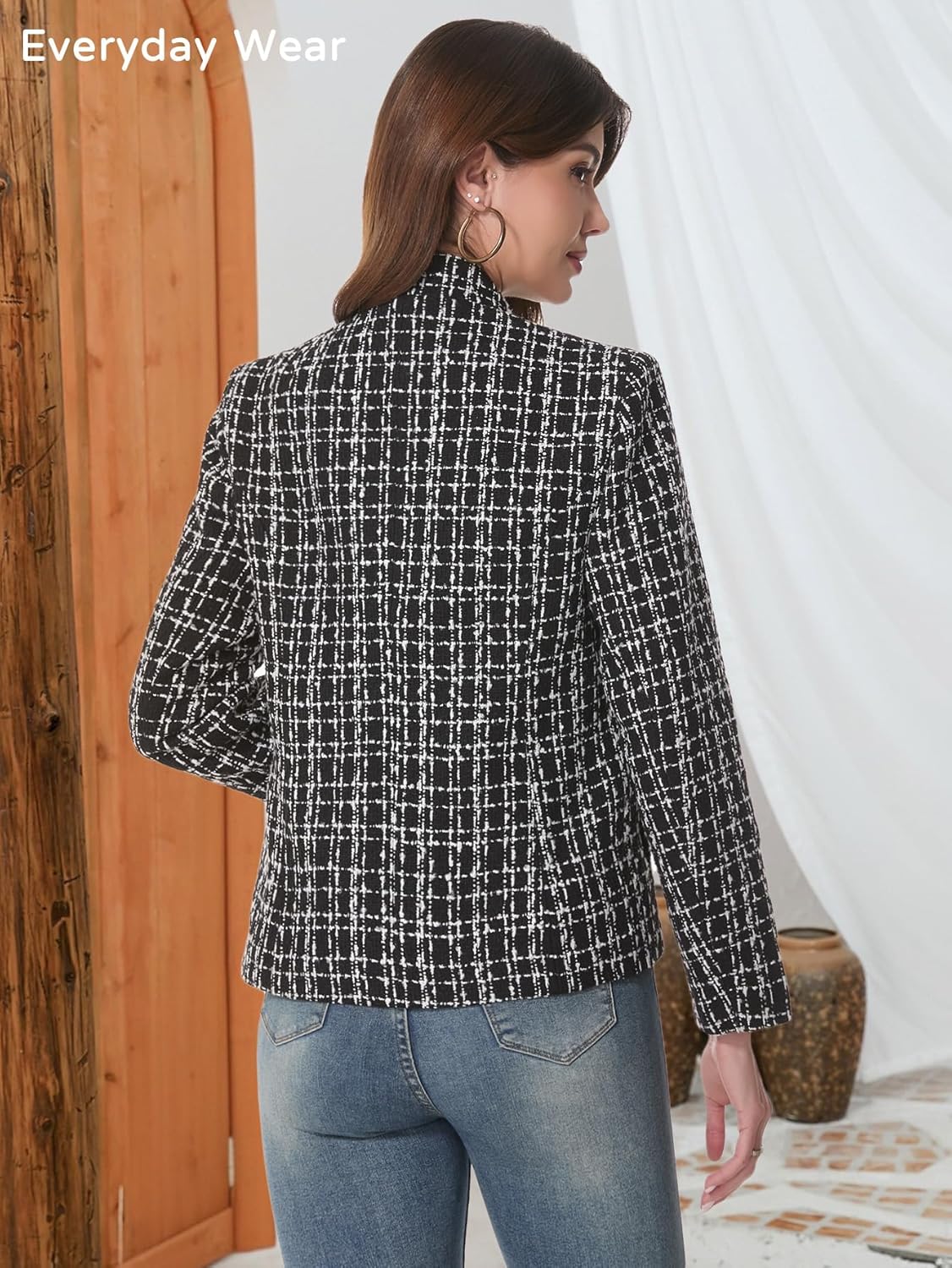 Mina Self 2026 Spring Women's Tweed Plaid Blazer Jacket - Fully Lined Open Front Stand Collar Casual Fashion Work Office Coat - Image 4