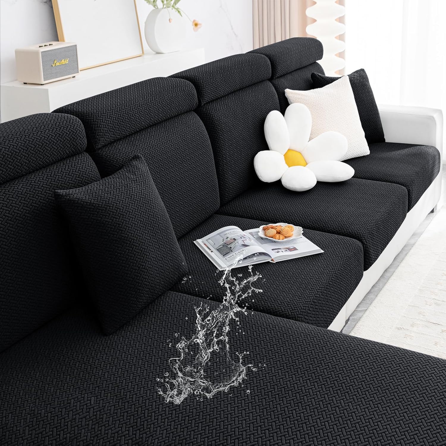 Smiry Waterproof Couch Cushion Covers, Stretch Jacquard Thick Sofa Cushion Covers, Washable Seat Slipcover Elastic Furniture Protector for Pets, Kid (Back Cover L, Black)