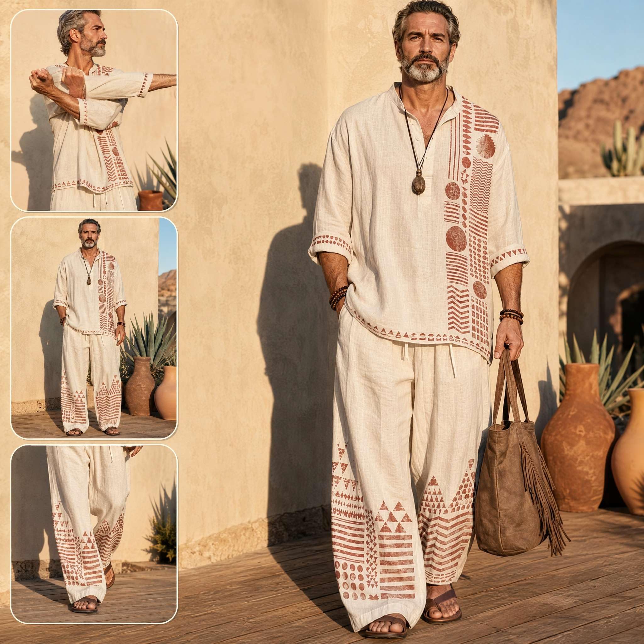 Abbigliamento Estivo Uomo Misto Lino 2 Pezzi Henley Traspirante Leggero | Pantaloni con Coulisse e Gamba Larga, Vestibilità Morbida e Fresca, Outfit Semplice ed Elegante da Giorno, Tessuto di Qualità
