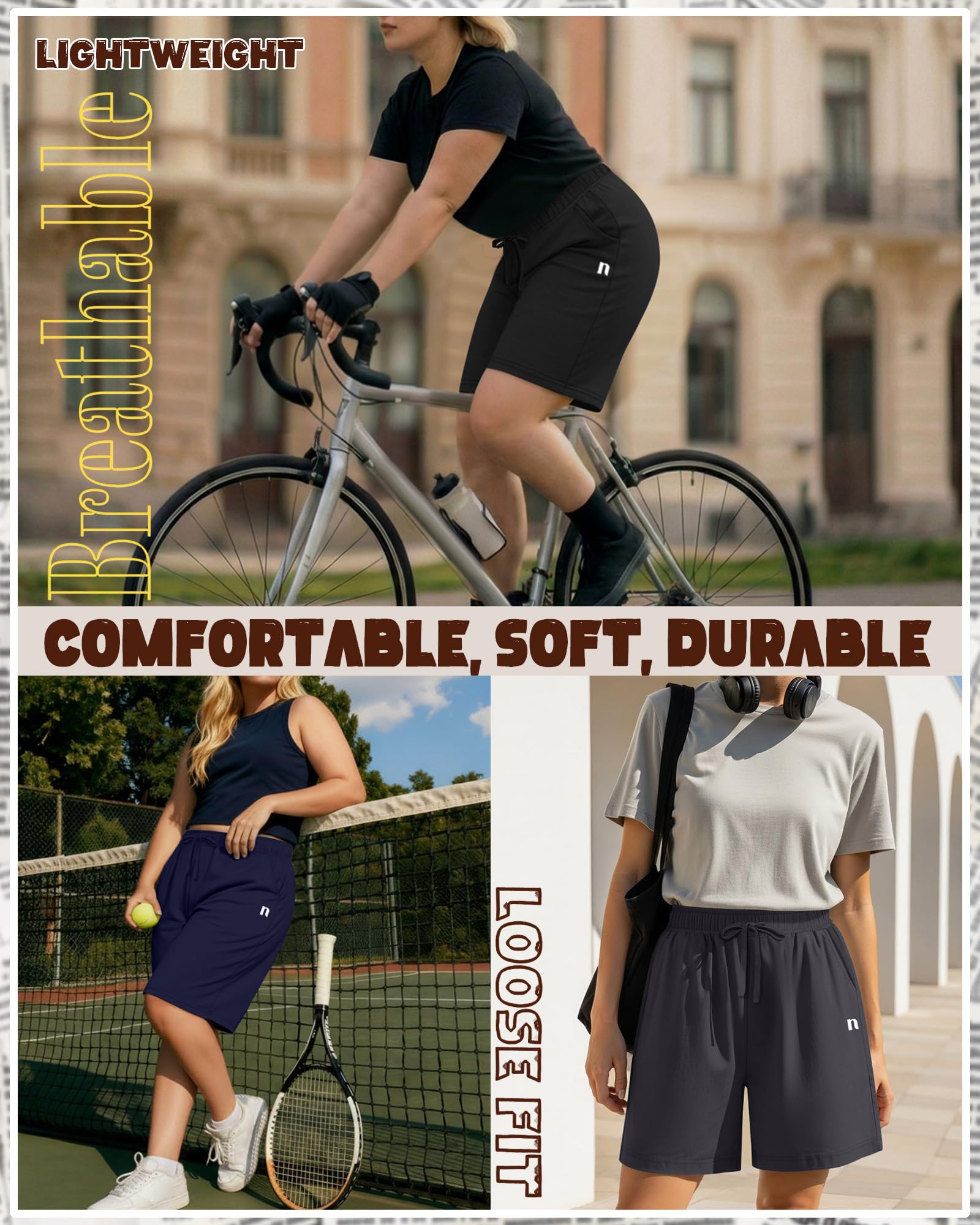 Neer 3 Lot Bermudas Femmes Grandes Tailles | Tissu 90 % coton, taille haute avec cordon réglable, vêtements décontractés pour la maison, yoga sportif avec poches