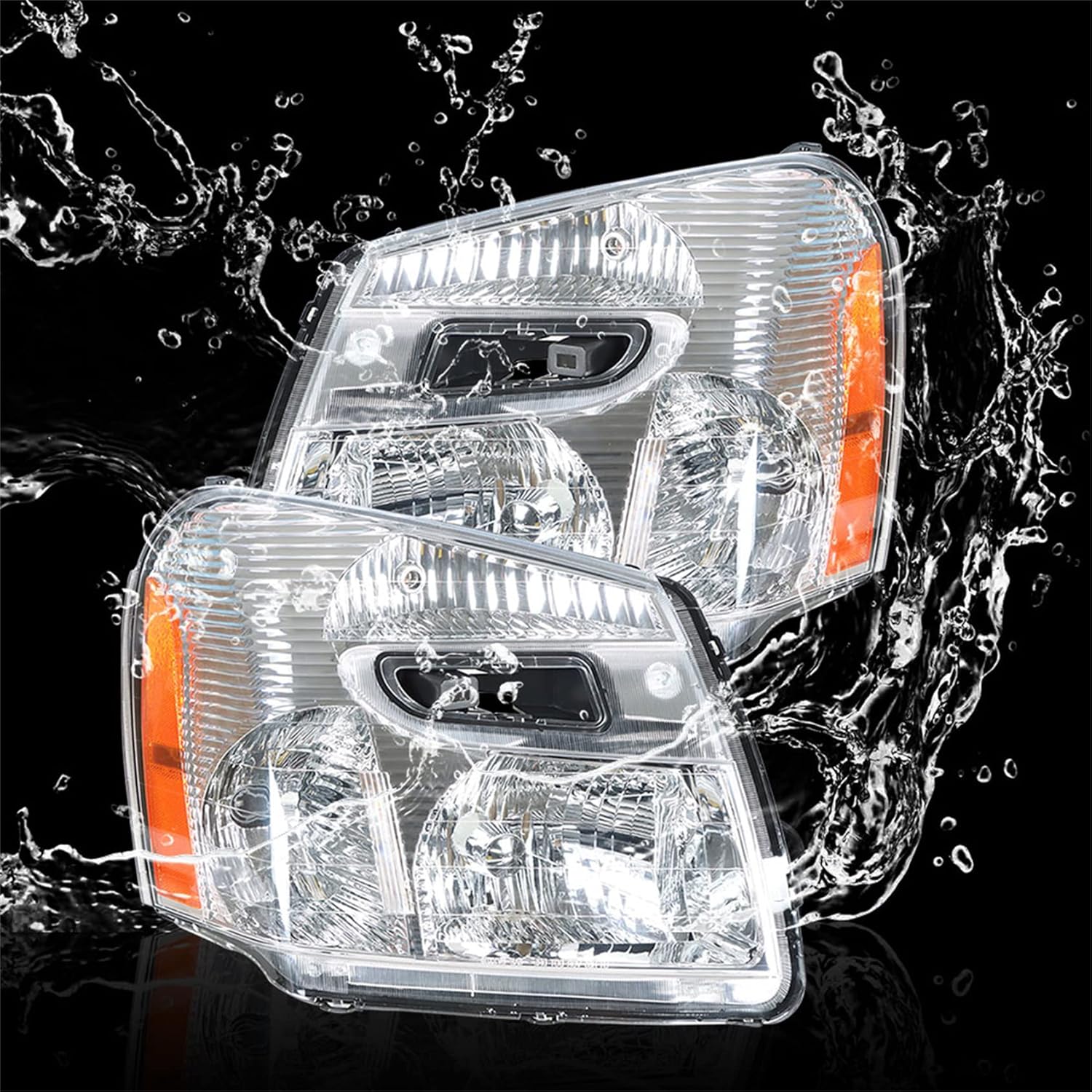 15888058, 15888059 GM2502254 GM2503254 Chrome Headlights with Amber Corner Headlamps Headlamp Assembly Left & Right Side Replacement for 2005-2009 Equinox