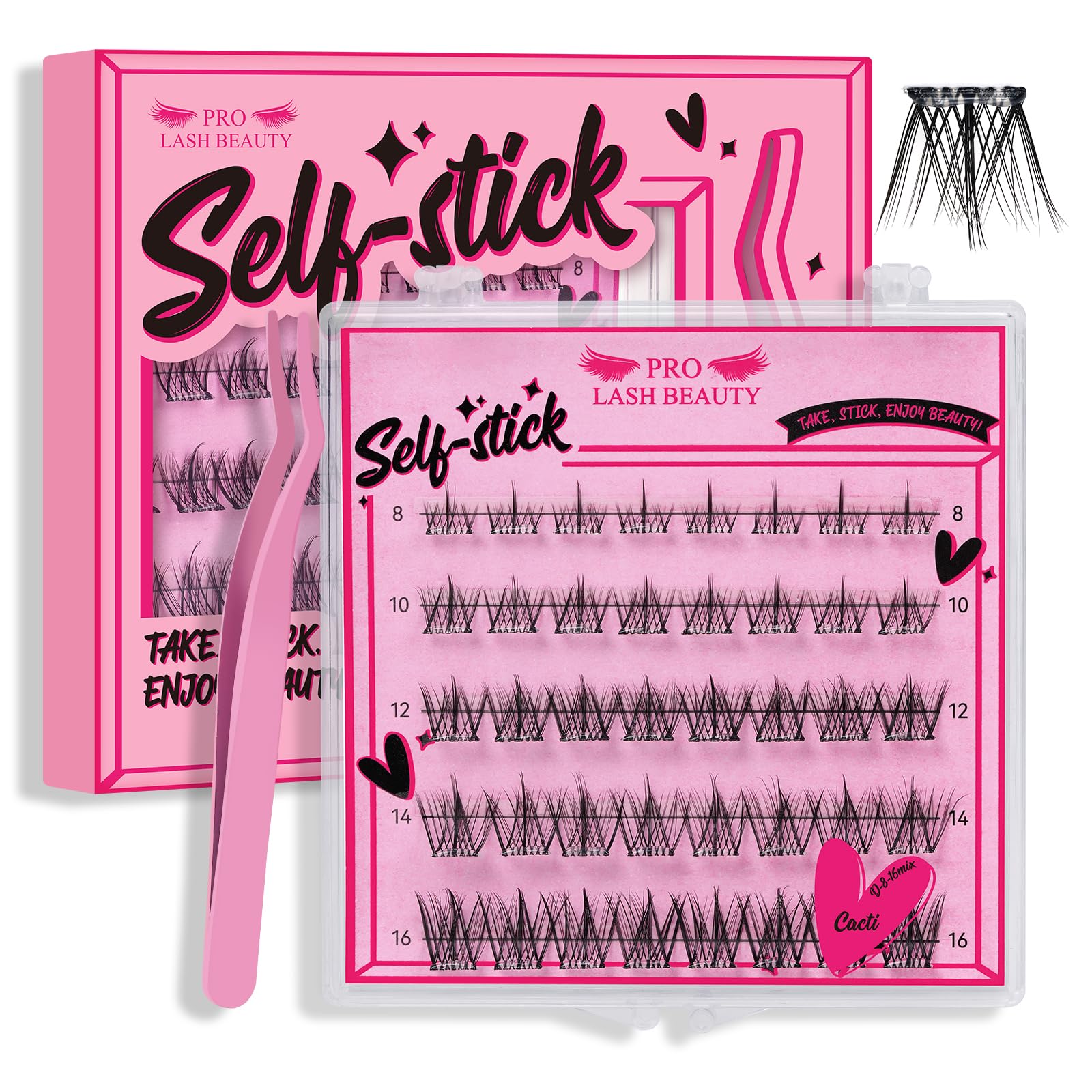 Self Adhesive Eyelashes 40Pcs Lash Clusters Self Stick Lashes Reusable Self-adhesive Lashes No Glue Cluster Lashes Easy for Use(Cacti,D-8-16mix)