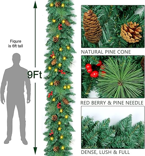 Miniatura 3 de Decoración navideña preiluminada de 9 pies con 100 luces  Guirnalda iluminada al aire libre para manto, escaleras, barandilla, árbol, chimenea