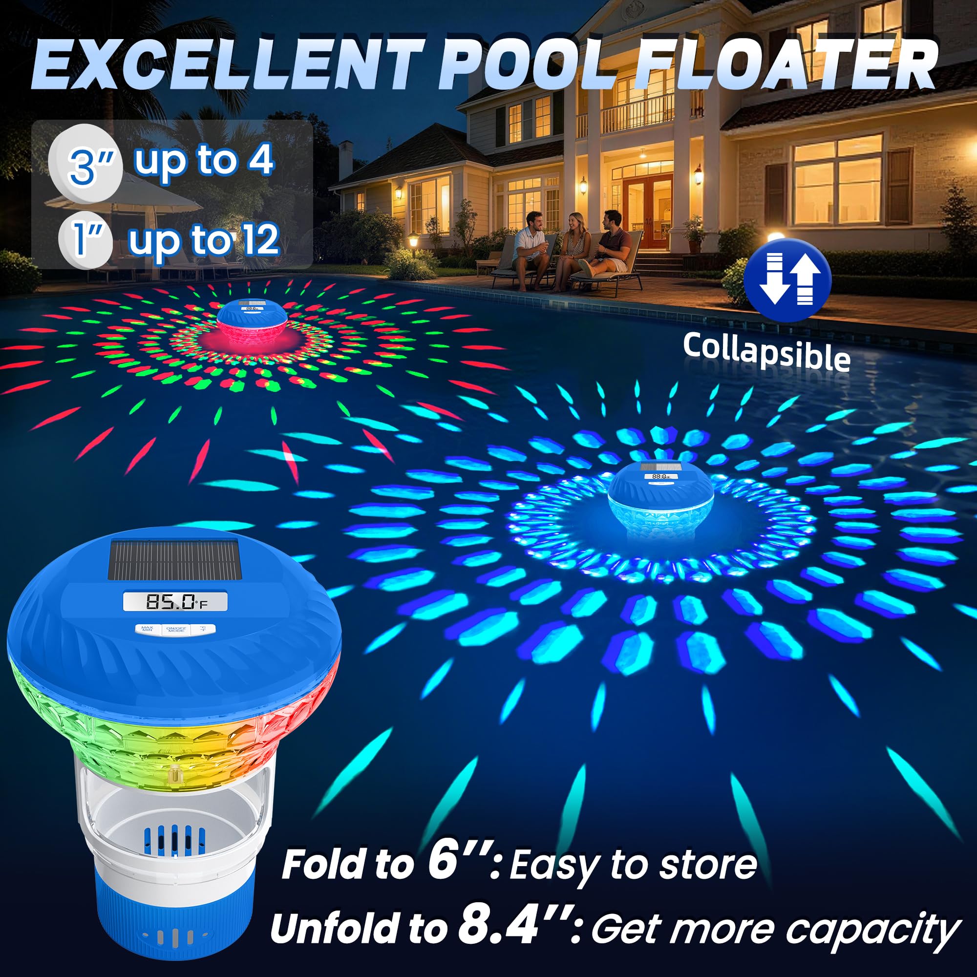 Flotteur de chlore de piscine amélioré avec thermomètre, flotteur de chlore de piscine à écran numérique, flotteur solaire de chlore avec lumière, bouton de contrôle du distributeur de chlore