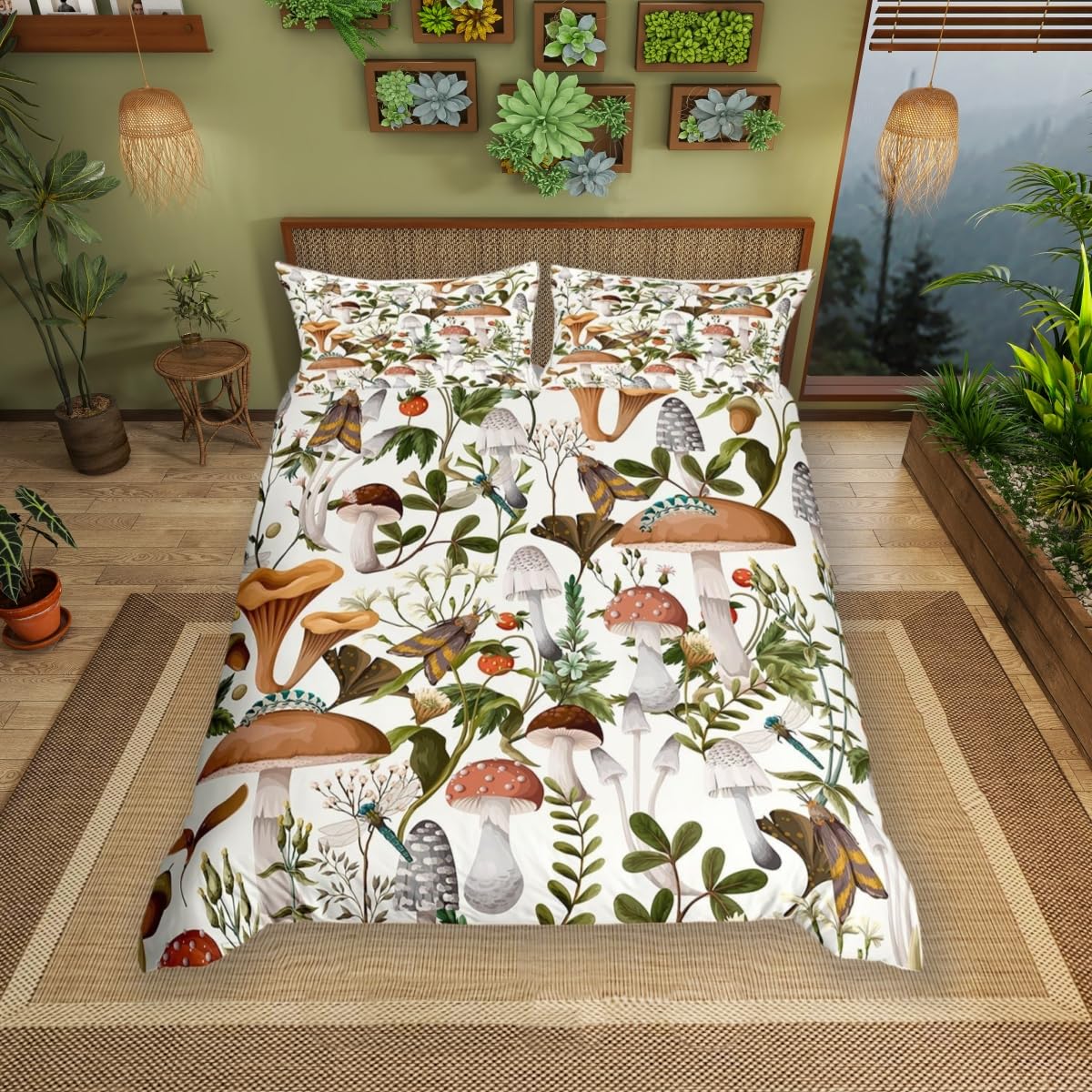 Watercolor Mushroom Duvet Cover Double Size,Cute Cartoon Strawberry Rustic Style Comforter Cover for Adults Kids,Jungle Botanical Leaves Wild Moth Soft Bedding Set 2 Pillowcases,No Comforter — image 1