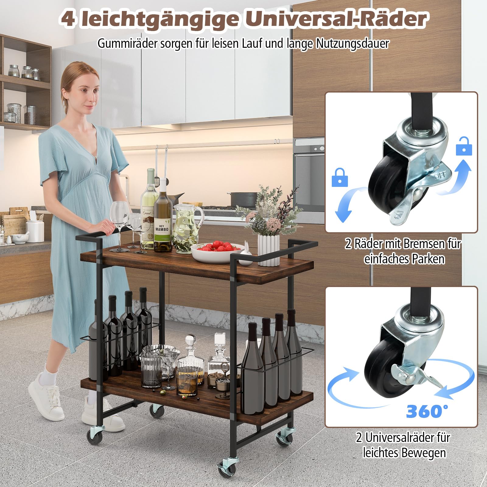 COSTWAY Serveerwagen met 4 lagen, keukentrolley gemaakt van ijzer, opbergtrolley met flexibele wielen en planken, multifunctionele trolley voor badkamer, keuken, eetkamer, kantoor (Zwart