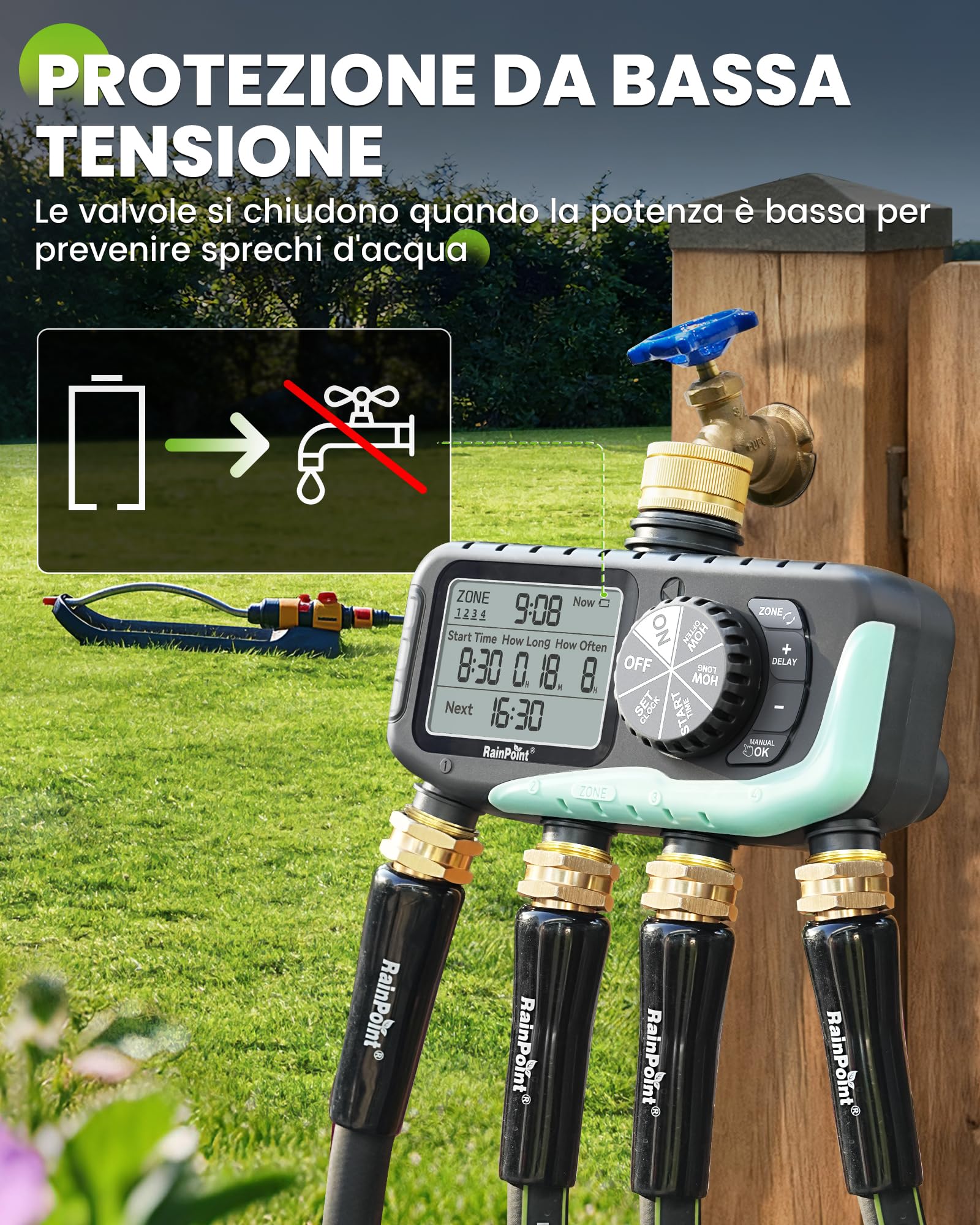 RAINPOINT Centralina Irrigazione 4 Zone, Ingresso e Uscita in Ottone, Impermeabile IP65, Timer irrigazione 4 Vie con Ritardo Pioggia/Controllo Manuale, Programmatore Irrigazione per Prato e Giardino