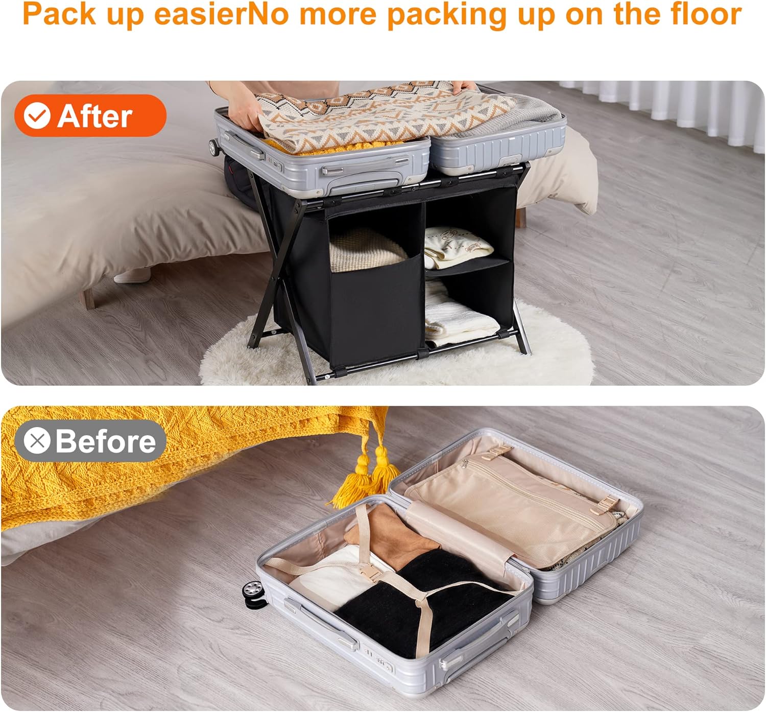 Heybly Luggage Rack with Laundry Bag,Pack of 2,Steel Folding Suitcase Stand with Storage Shelf for Bedroom, Hotel, Foldable Steel Frame, Black,HLR006B2