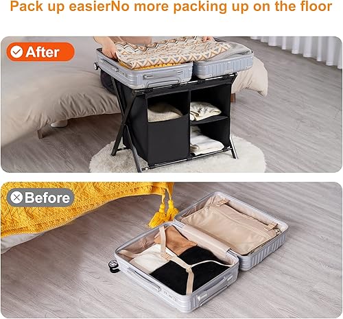 Miniatura 4 de Heybly Portaequipajes con bolsa de lavandería, paquete de 2, soporte plegable de acero para maleta con estante de almacenamiento para dormitorio,