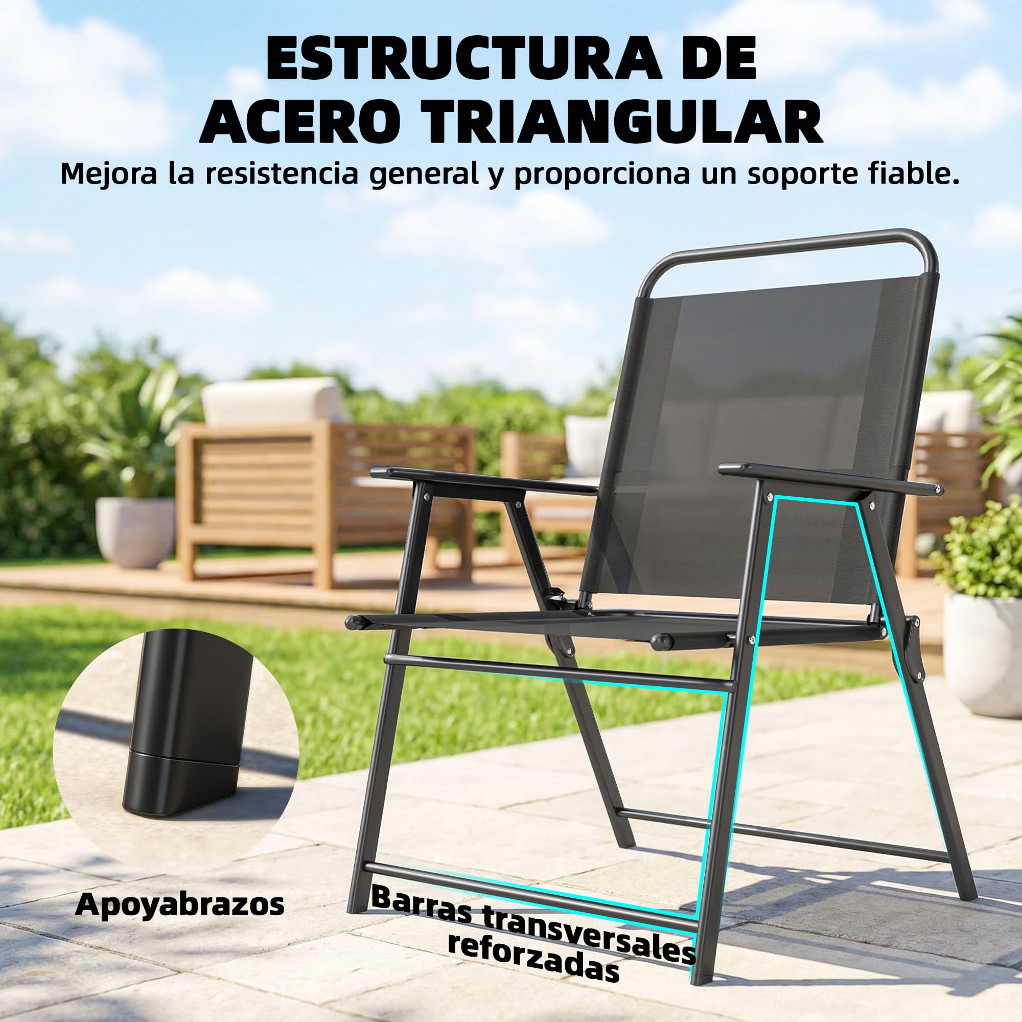 Outsunny Pack de 4 Sillas de Camping Plegables, Sillas de Jardín Exterior con Respaldo Alto, Asiento Ancho y Reposabrazos, Tela Textilene Transpirable y Marco de Acero para Terraza, 65x60x94 cm, Negro
