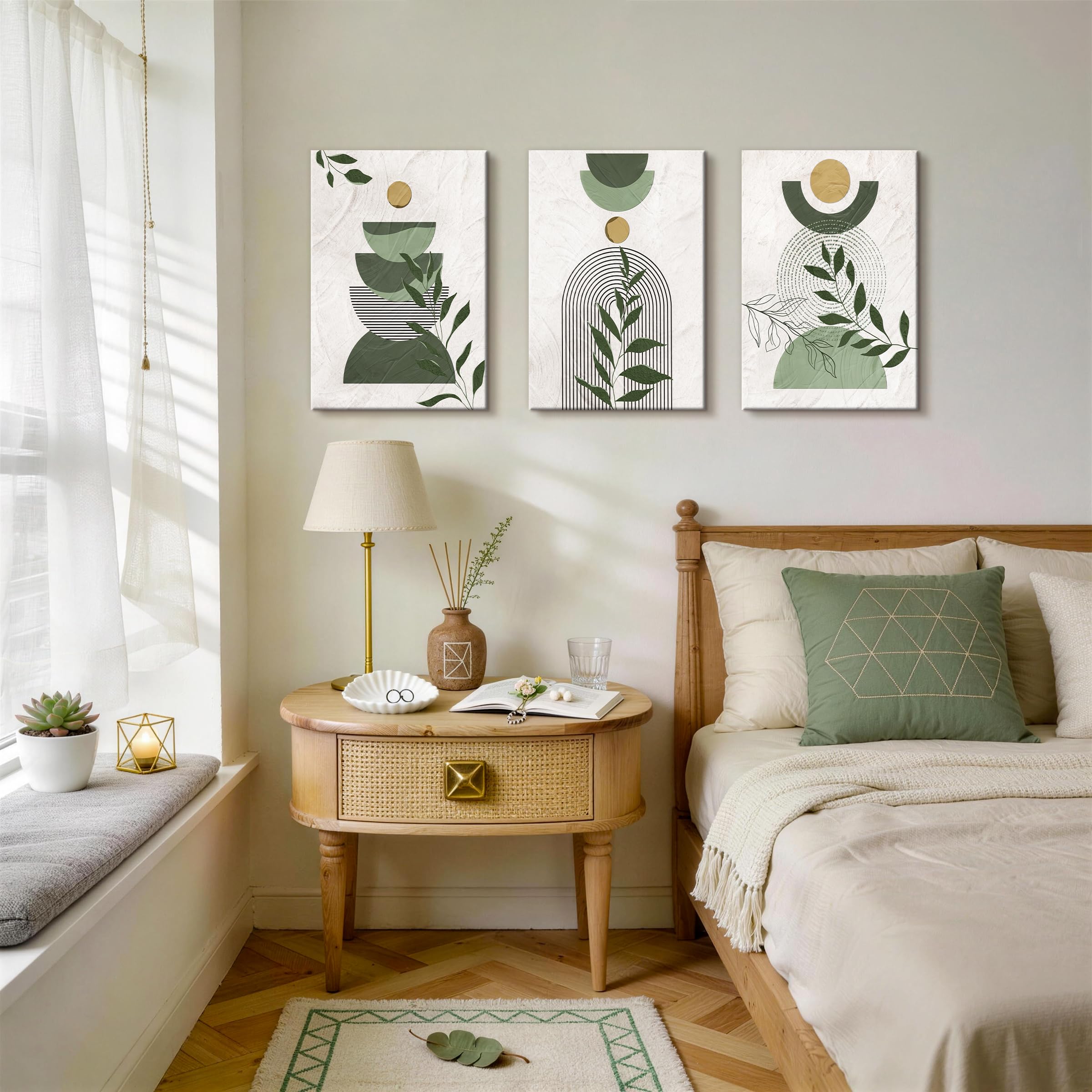 3 Pcs Wooden Framed Canvas Wall Art Set Bohemian Sage Green Canvas Prints Poster Geometric Line Beige Green Pictures for Living Room Bedroom Dinning Room Hallway Stairs Wall Decor 30x40cm x3pcs — view 344