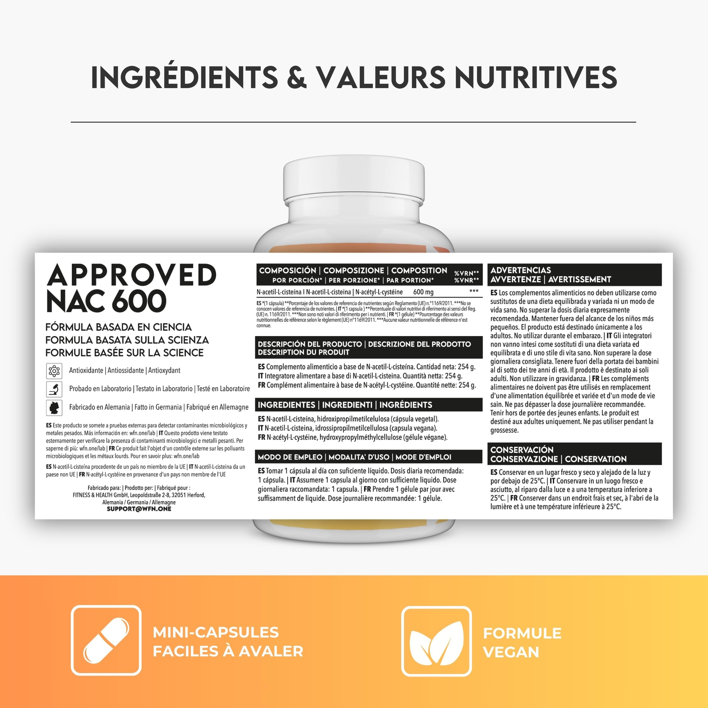 WFN Approved NAC N Acetyl Cysteine - 600 mg par gélule - 365 gélules - 12 mois d'approvisionnement - Hautement dosé, vegan, sans additifs - Fabriqué et testé en Allemagne