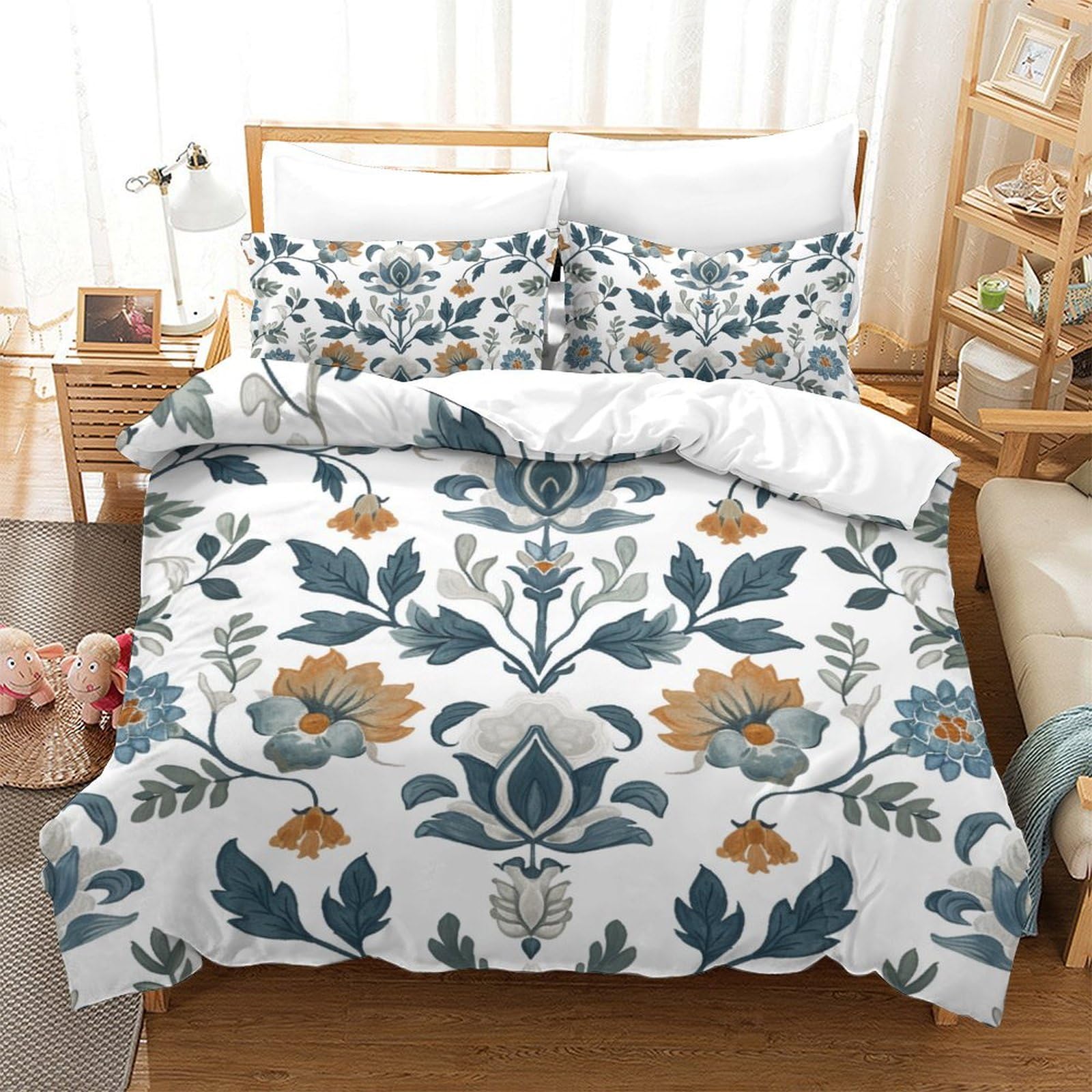 Housse de couette fleurs 3D 200x200cm parure de lit microfibre avec fermeture éclair