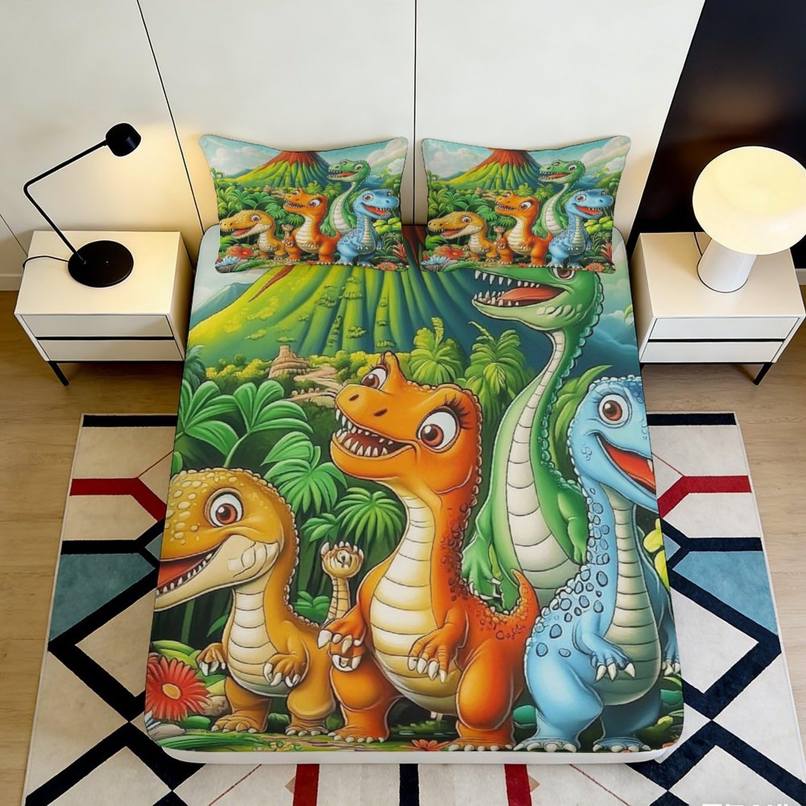 Dhbaneiok Style-2 3D Printed Cartoon Dinosaur Fitted Sheet Microfiber Soft Breathable Volcano Jungle Bed Cover For Bedroom Guest Room 90X200x25cm