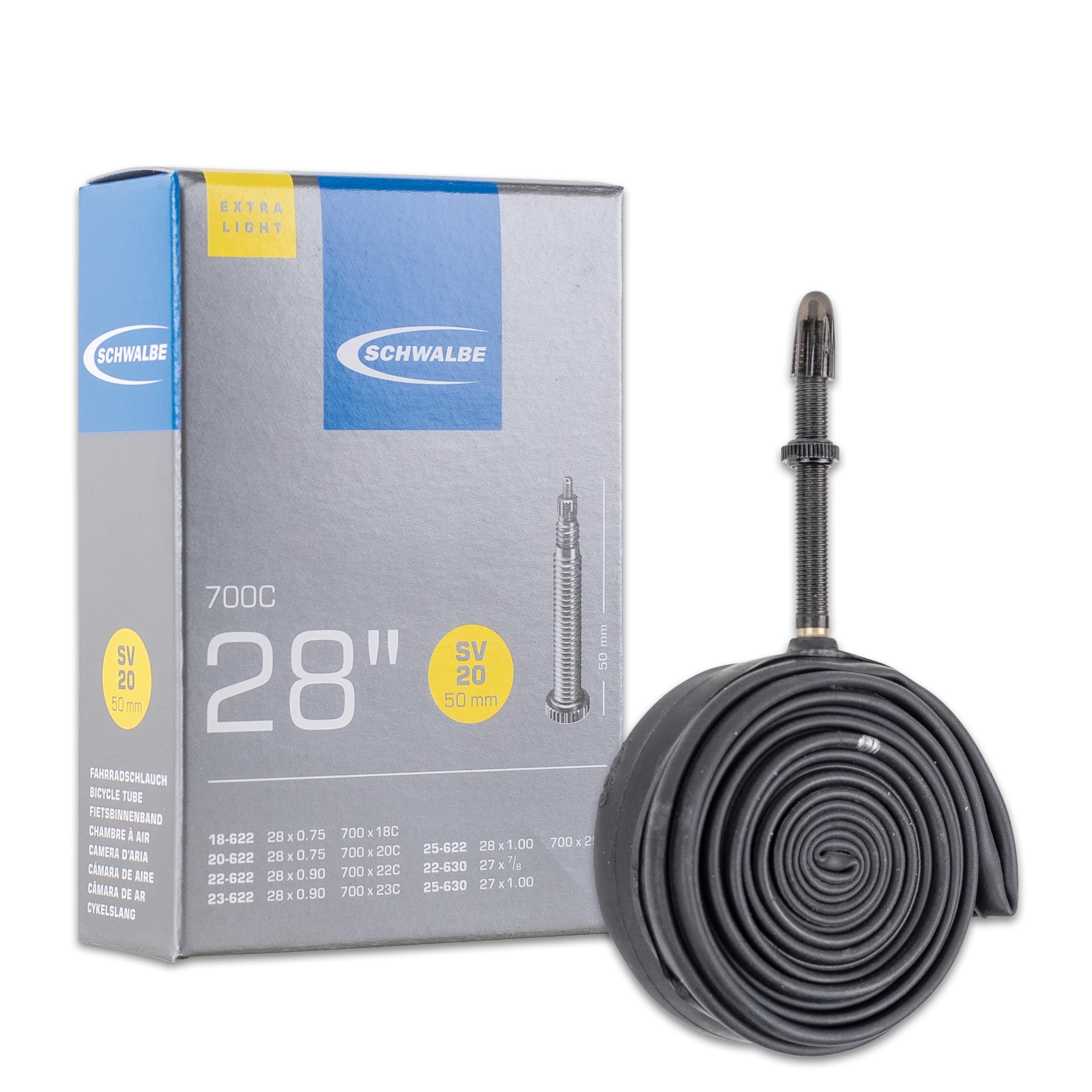 Schwalbe Fahrradschlauch Nr. 20 Extra Light – Rennrad Schlauch 28 Zoll / 700C (ETRTO 18/25-622/630) – SV-Ventil in 40–80 mm – Ultraleicht & zuverlässig – Butylschlauch für Rennrad Sport & Freizeit