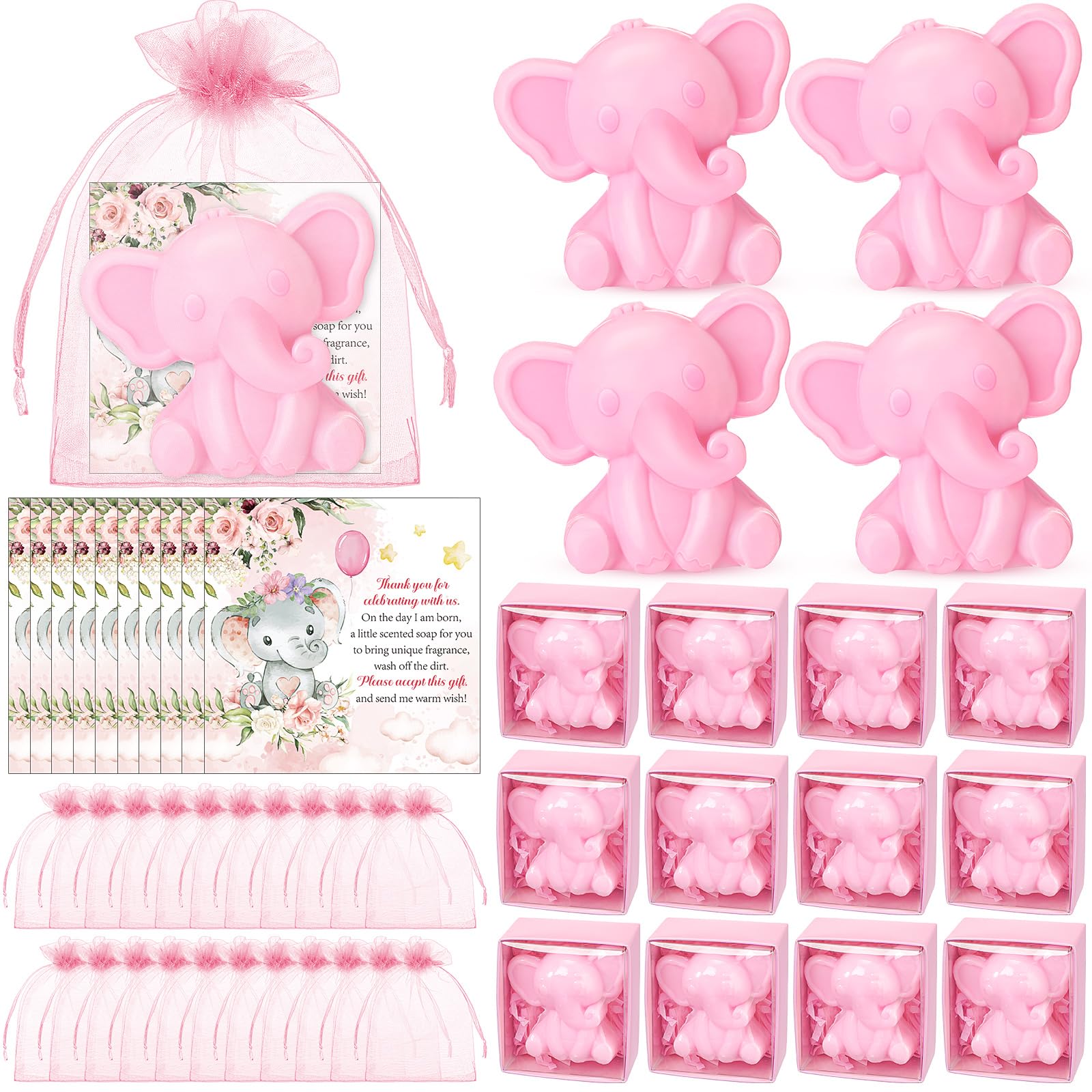 Maxcheck 50 Pcs Baby Shower Soaps for Guest Elephant Soaps Favors with Organza Bags Thank You Cards Handmade Scented Soap Return Gifts for Gender Reveal Wedding Girl Boy Baby Shower Souvenirs(Pink)