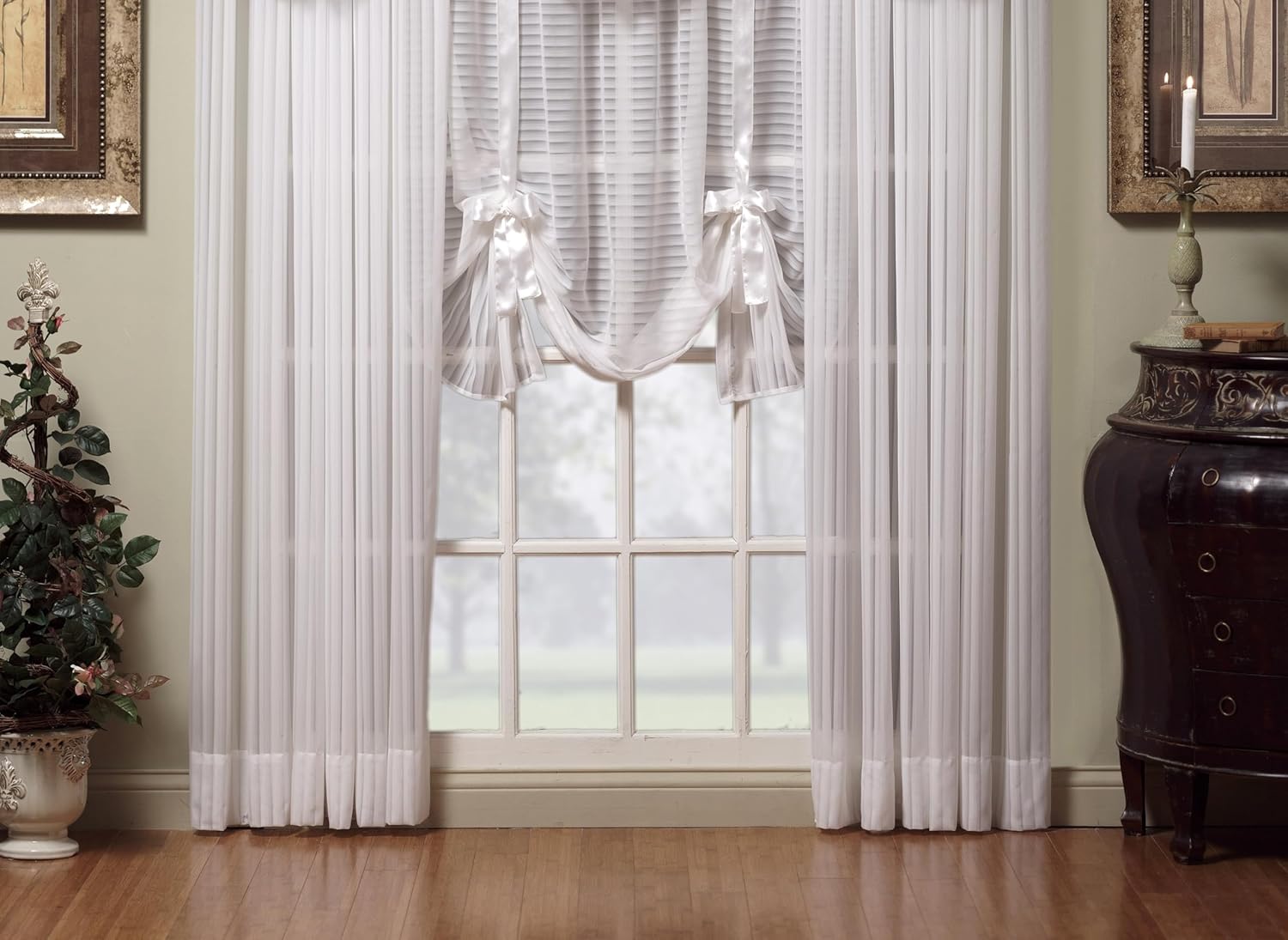 Today's Curtain, Silhouette Stripe Sheer Tie-up Shade, White, 58" W x 63" L