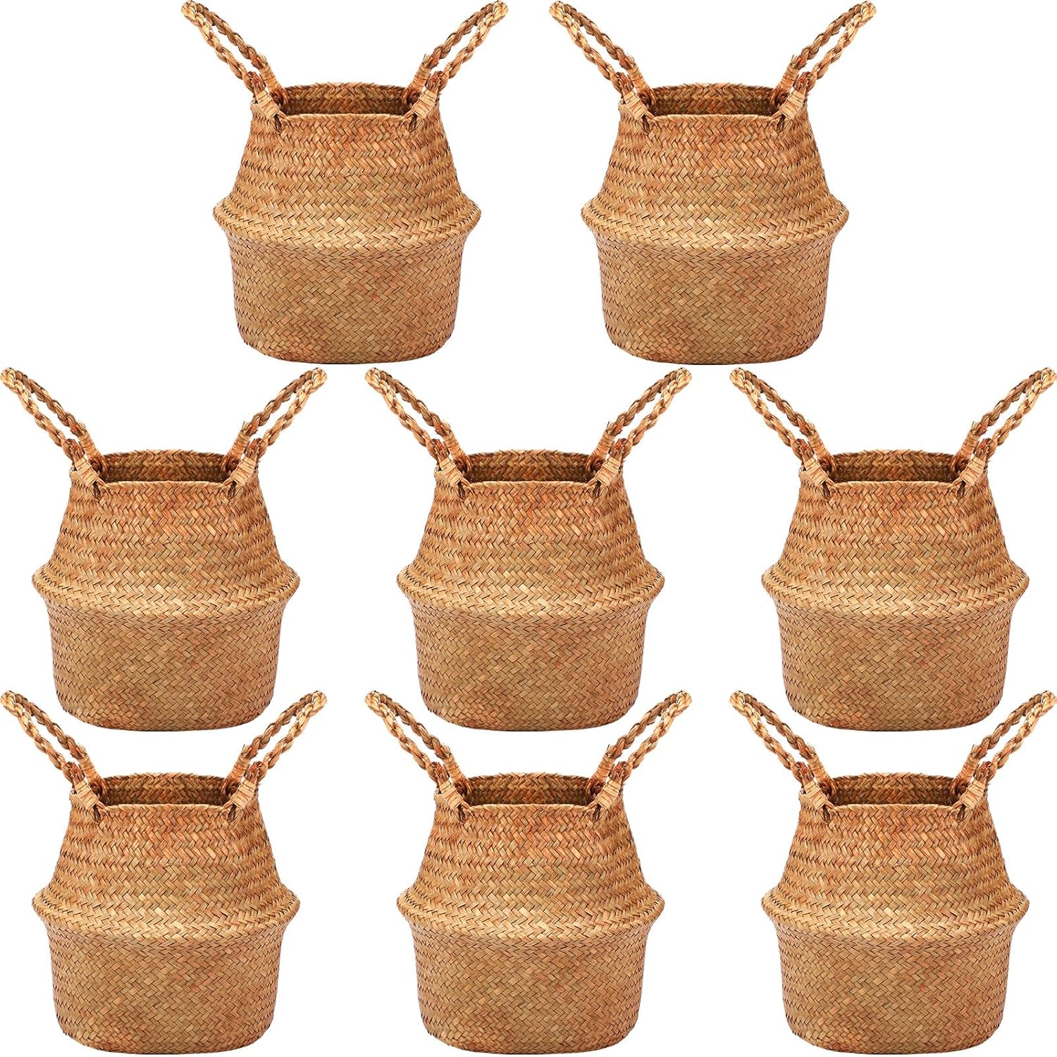 Qunclay 8 Pcs Woven Seagrass Baskets Belly Basket Folding Boho Natural Plant Pot with Handles Round Decorative Wicker Large Indoor Planter for Home Outdoor Tree Planters Decor (11 x 13 Inch) 8 11 x 13 Inch