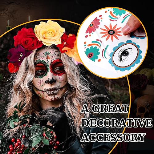 Miniatura 6 de Maitys Day of Dead - Tocado con velo floral de rosa y 8 hojas de calcomanías temporales de tatuaje de calavera floral de Halloween para fiestas de