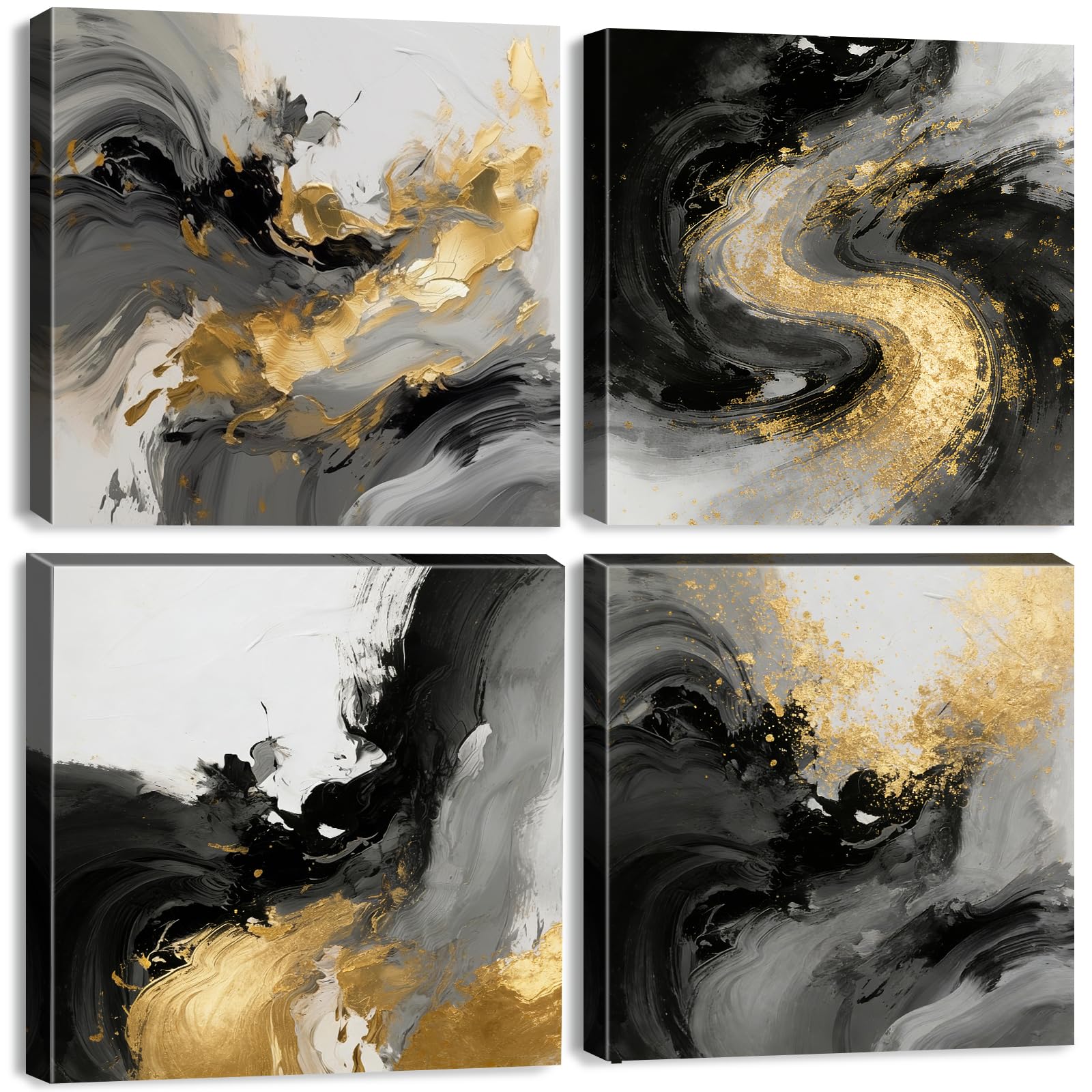 Abstract Wall Art Black and Gold Wall Pictures for Living Room Abstract Grey White Canvas Painting Modern Minimalist Wall Decor Luxury Artwork for Bedroom Office Hallway Decoration 30x30cm 4Pcs