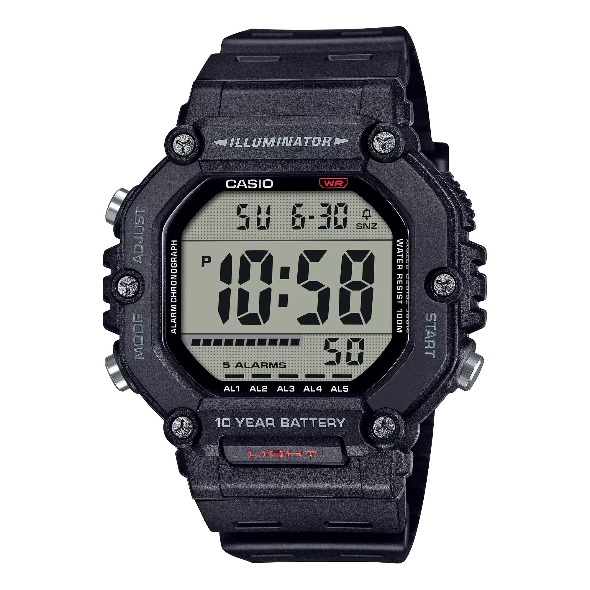 CasioMen's Watch AE-1600H-1AV – Resin, Water Resistant 10 Bar, Large LCD, Stopwatch, Alarm, LED Light, Black/White, strip