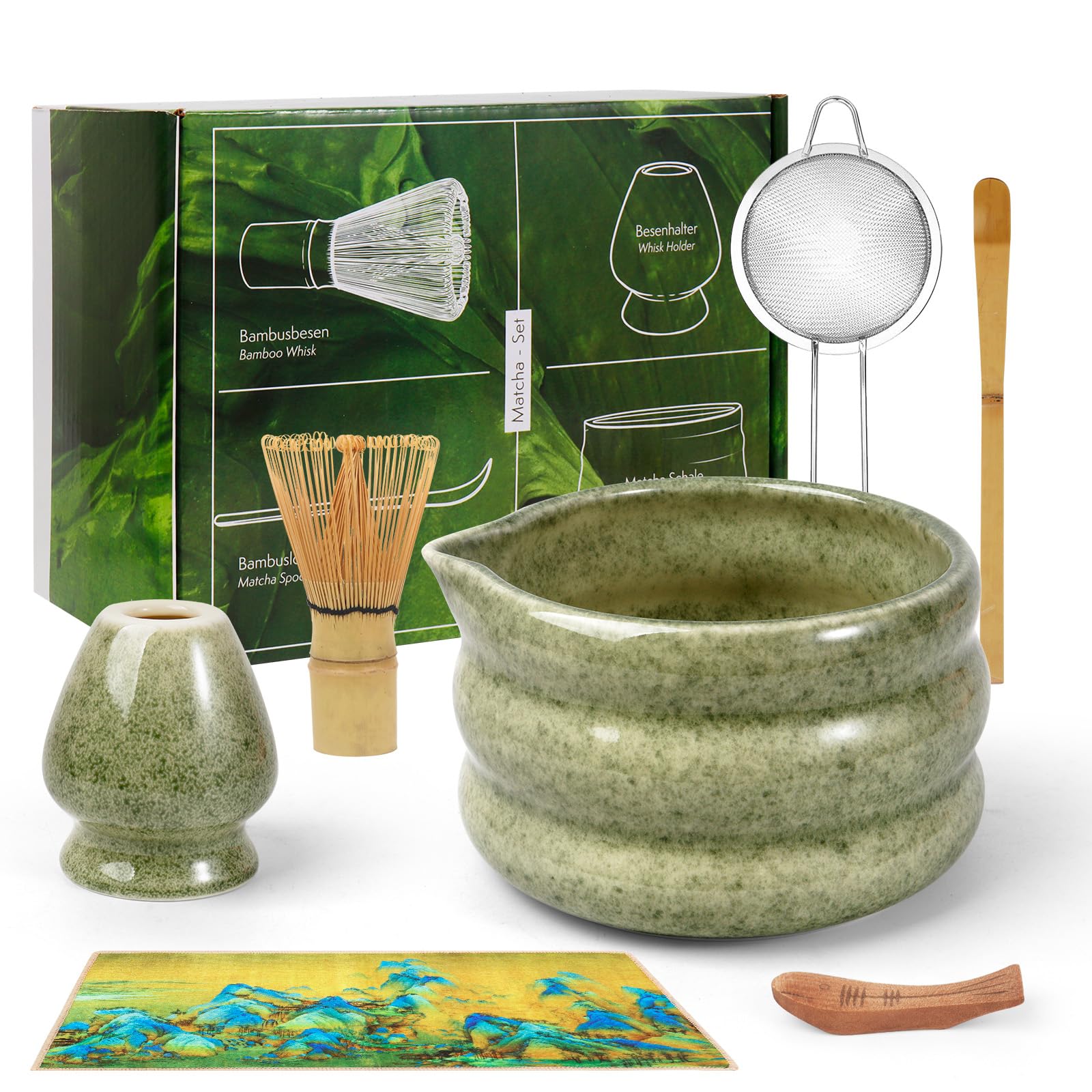 7Pcs Matcha Whisk Set, Matcha Kit with Bamboo Matcha Whisk and Bowl, Matcha Spoon, Whisk Holder, Sifter, Complete Matcha Kit with Giftbox Packing Gift for Matcha Lover
