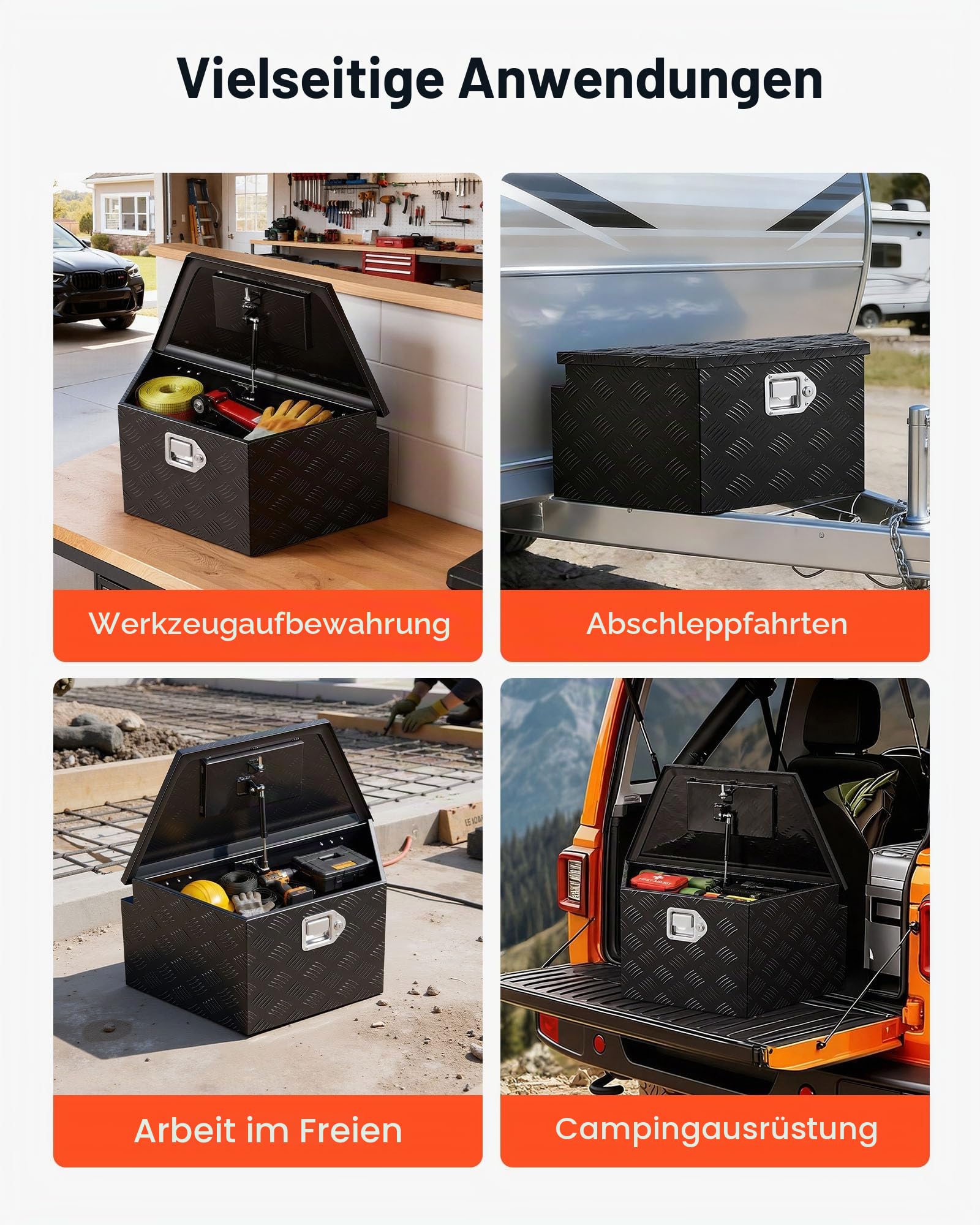 VEVOR Deichselbox Truckbox 660 x 330 x 305 mm aus Aluminium, 50 kg Belastbare Werkzeugaufbewahrungsbox mit Schloss & Schlüsseln, Anhängerbox für Pickup-Ladeflächen RV SUVs Geländewagen, Schwarz