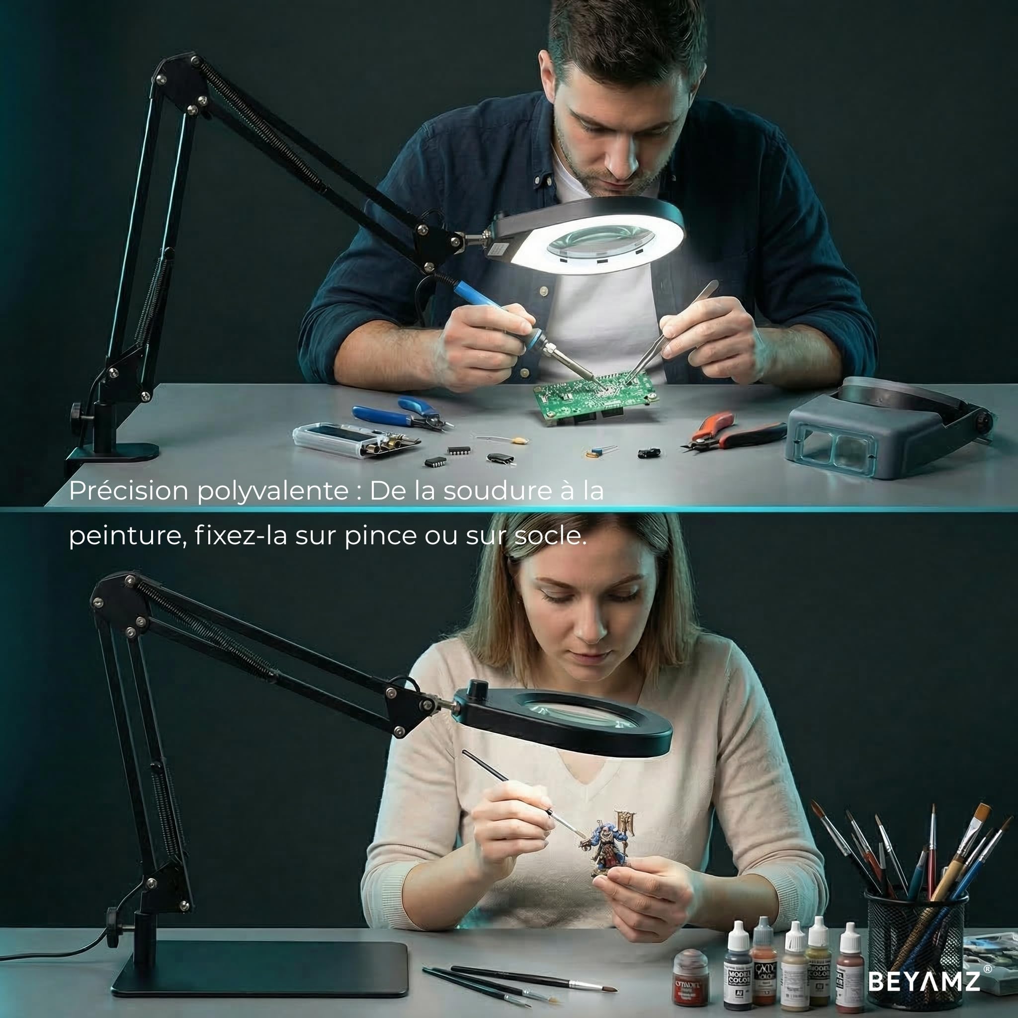 Lampe Loupe avec Support et Pince, Loupe 5X, LED à Intensité Variable et Double Support, pour Tâches de Précision