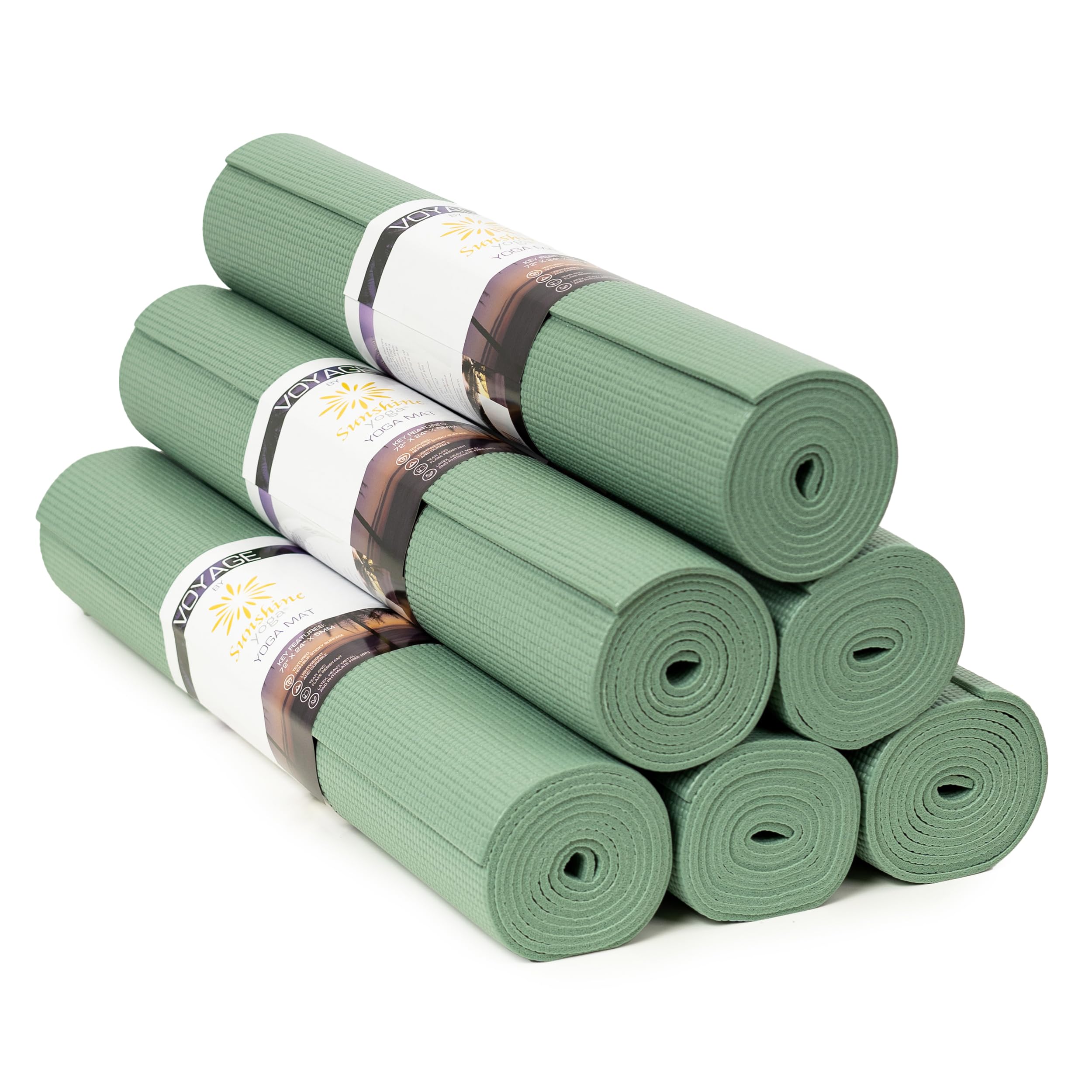 Sunshine Yoga Voyage Yoga Mat, 6 Pack, 72" x 24" Professional Studio and Gym Bulk Yoga Mats, 5mm Thick, Durable, Anti-Tear, Non Slip Fitness and Exercise Mats Sage
