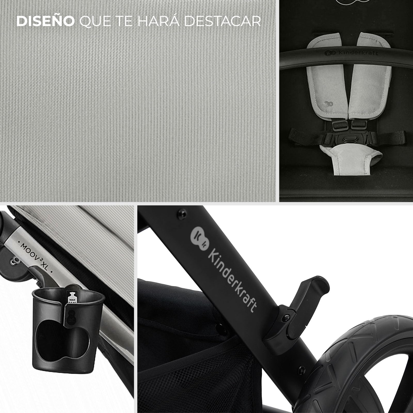 Kinderkraft MOOV XL 3 en 1, Carrito bebé hasta 27 kg, Carro, Con Asiento I-SIZE 40-75 cm, Plegable, Amortiguación, Convertible, Capazo XL, Con accesorios, Gris Claro