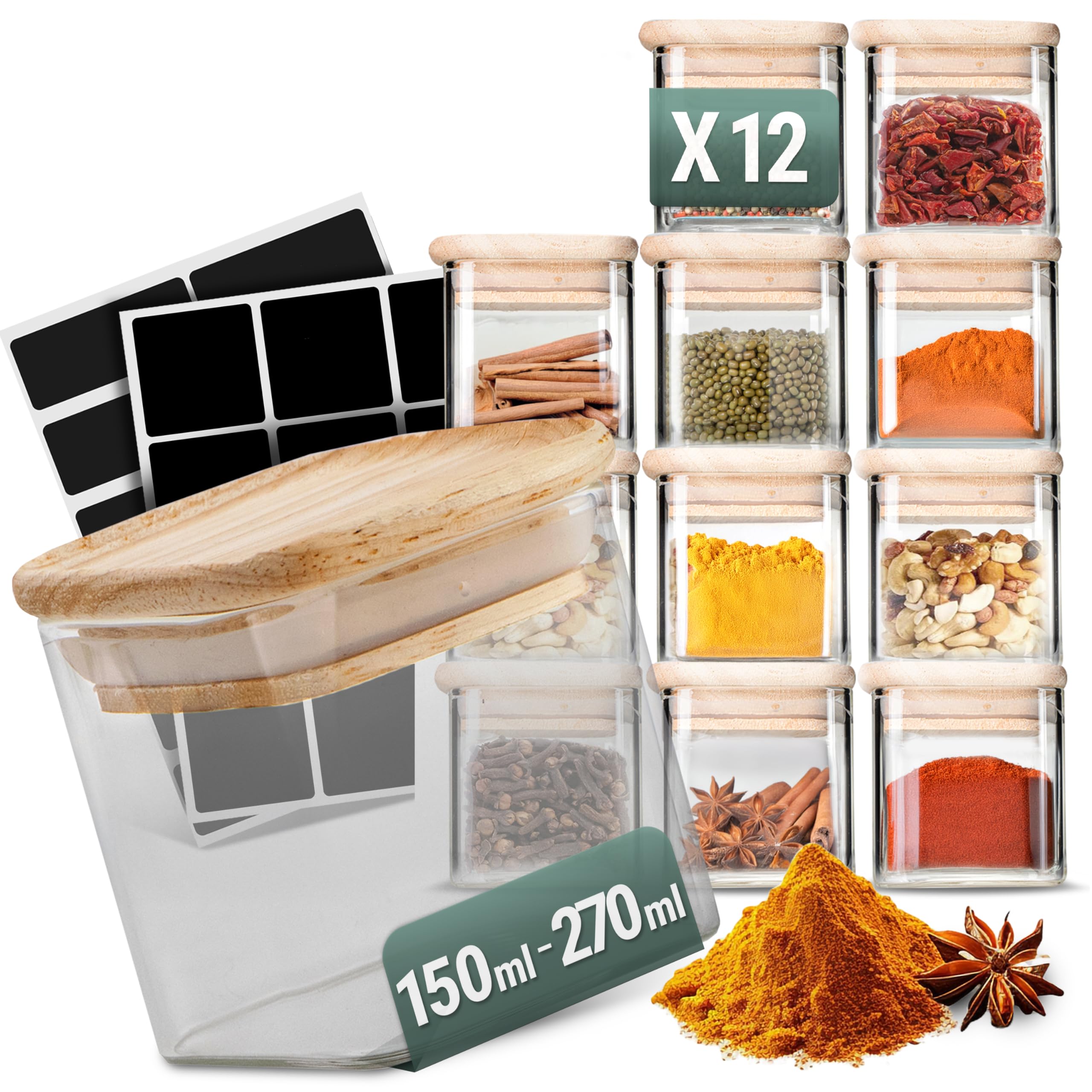 Celeko Home Stackable Spice Jars, 12 Pack - 150 ml Glass Storage Jars with Bamboo Lids & Labels - Airtight & Mothproof