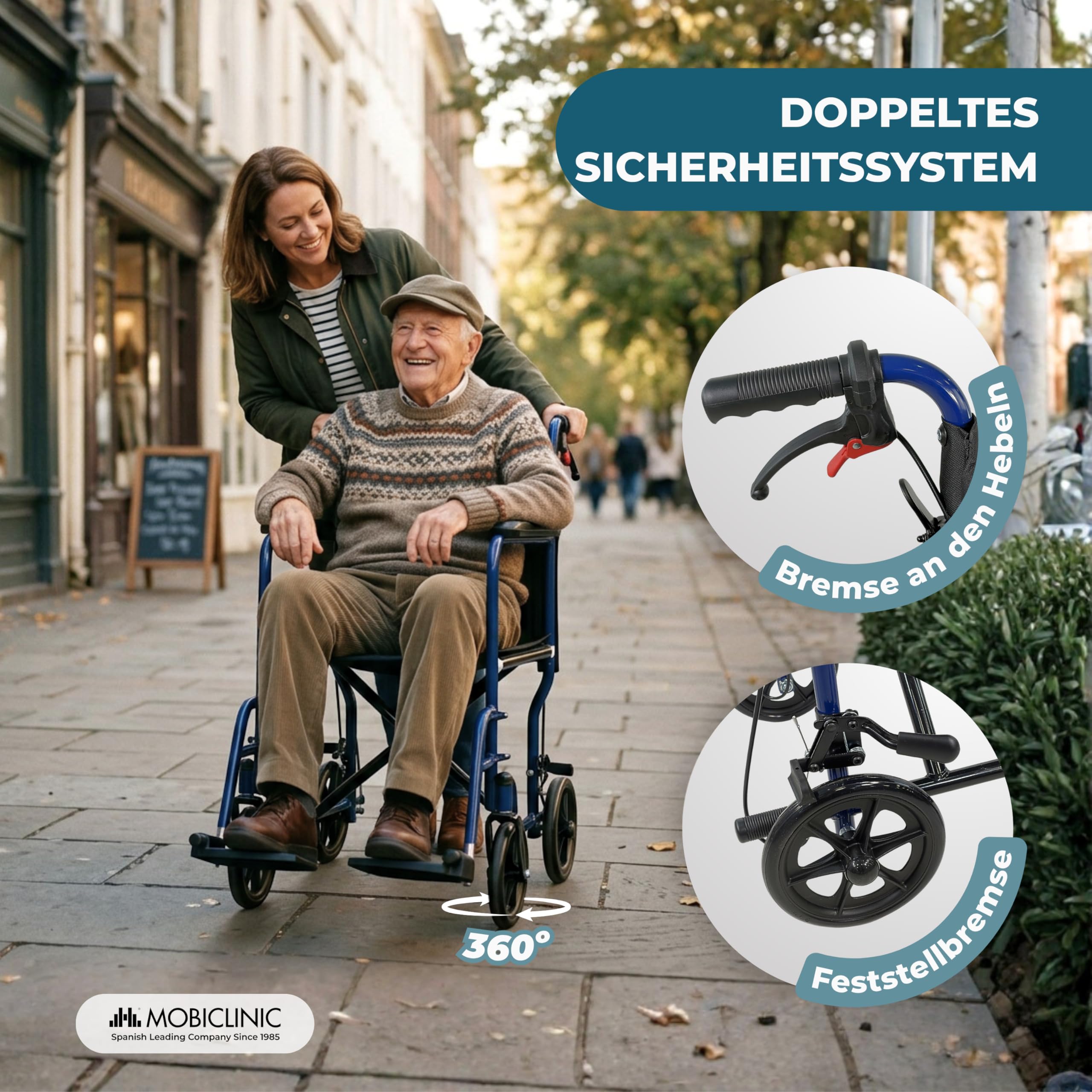Mobiclinic®, Rollstuhl Faltbar, Transportrollstuhl, Klappbare Rückenlehne, Abnehmbare Fußstützen, Doppelbremssystem, Gepolsterte Armlehnen, Stahl, Leicht und Kompakt, Napoli
