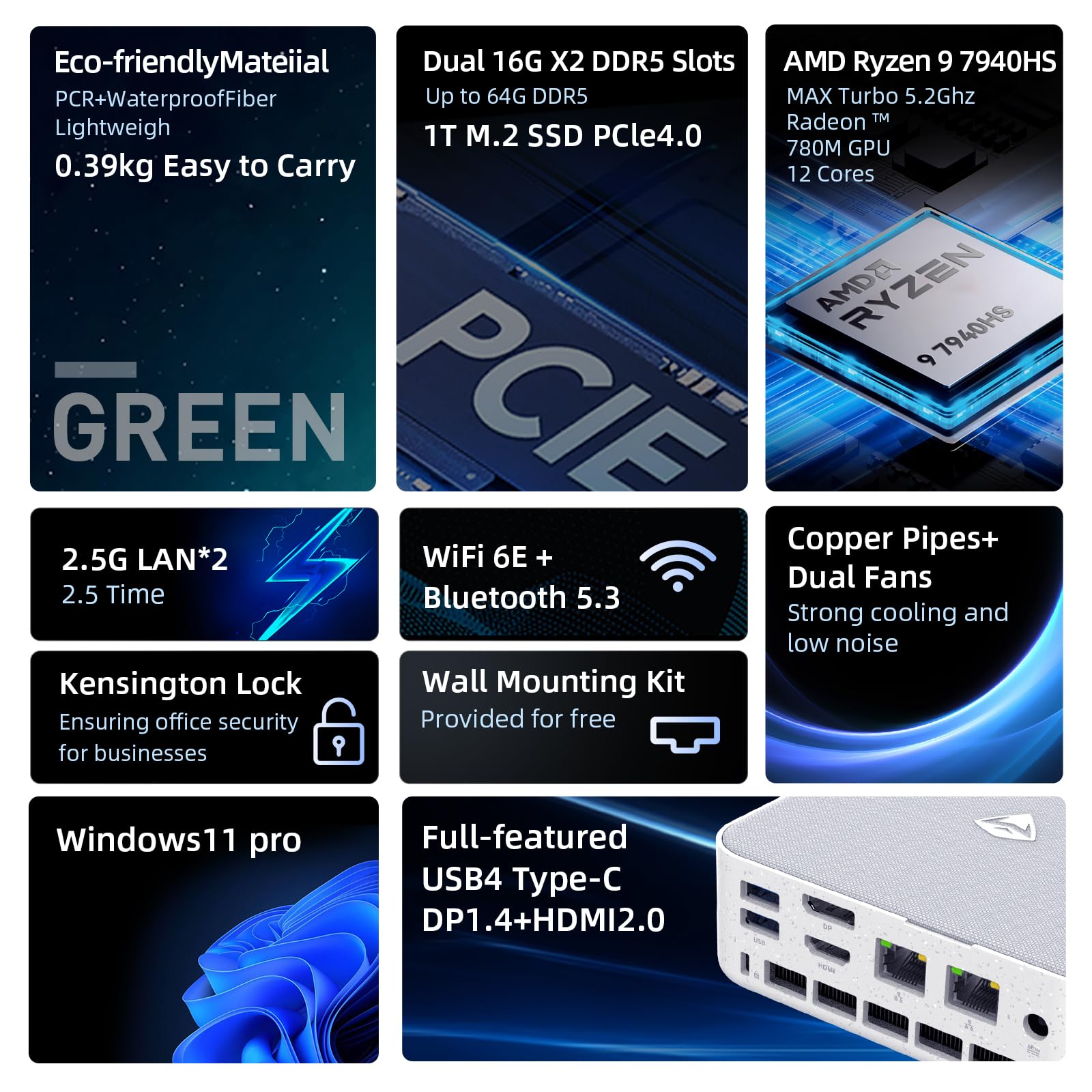 Machenike Makenike Mini PC, Ryzen 9 7940HS, 5,2 GHz, 16x2 GB DDR5 1 TB SSD, Radeon 780M, Ordenador de sobremesa para Juegos, 4X USB3.2, USB4, DP1.4, HDMI 2.0, Wi-Fi 6E /BT5.3, Doble RJ45 2,5G