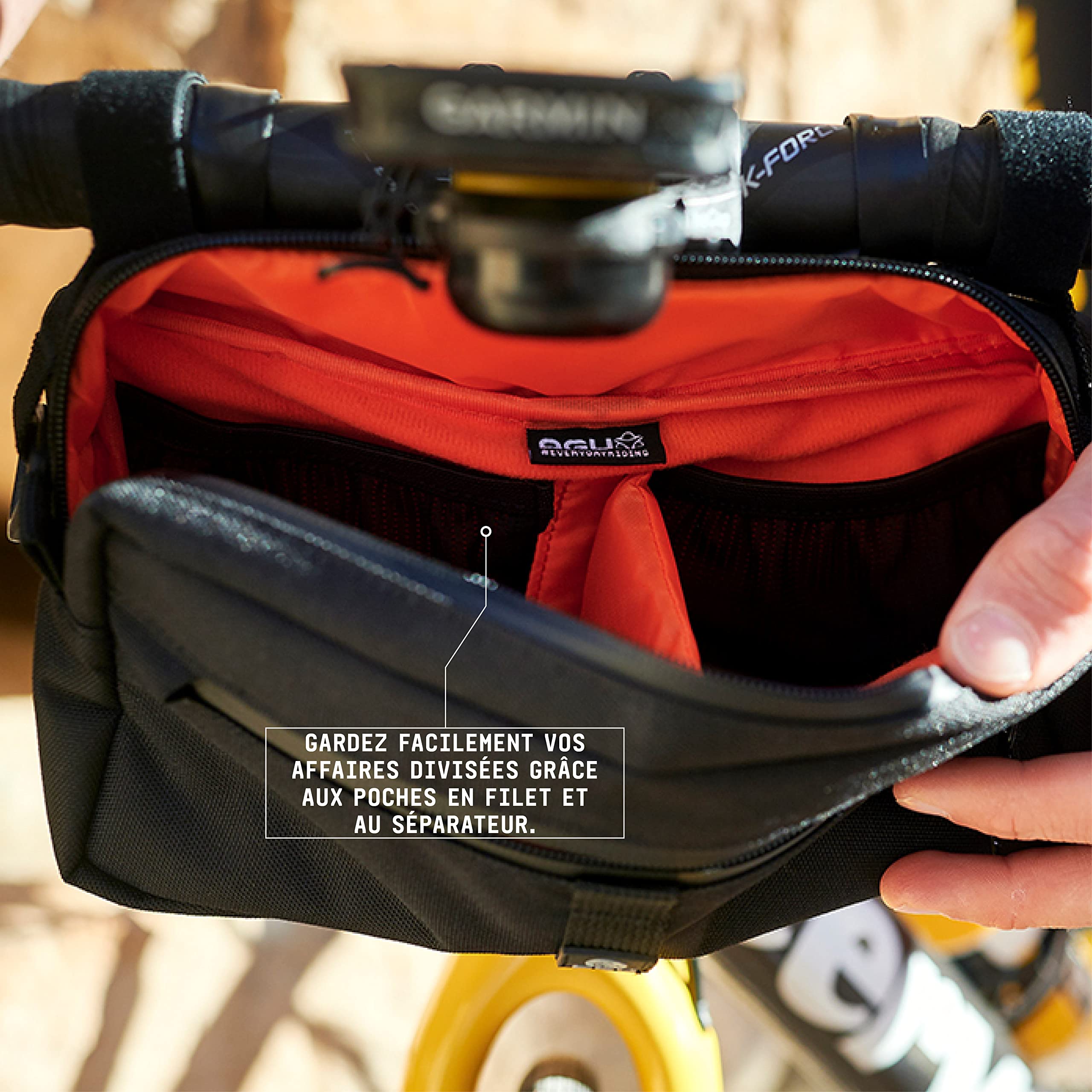 AGU Sacoche de Guidon pour Vélo Bar Bag, Sacoche de Guidon 2 litres, Hydrofuge, Réfléchissante, Montage Simple, 100% Polyester Recyclé - Noir